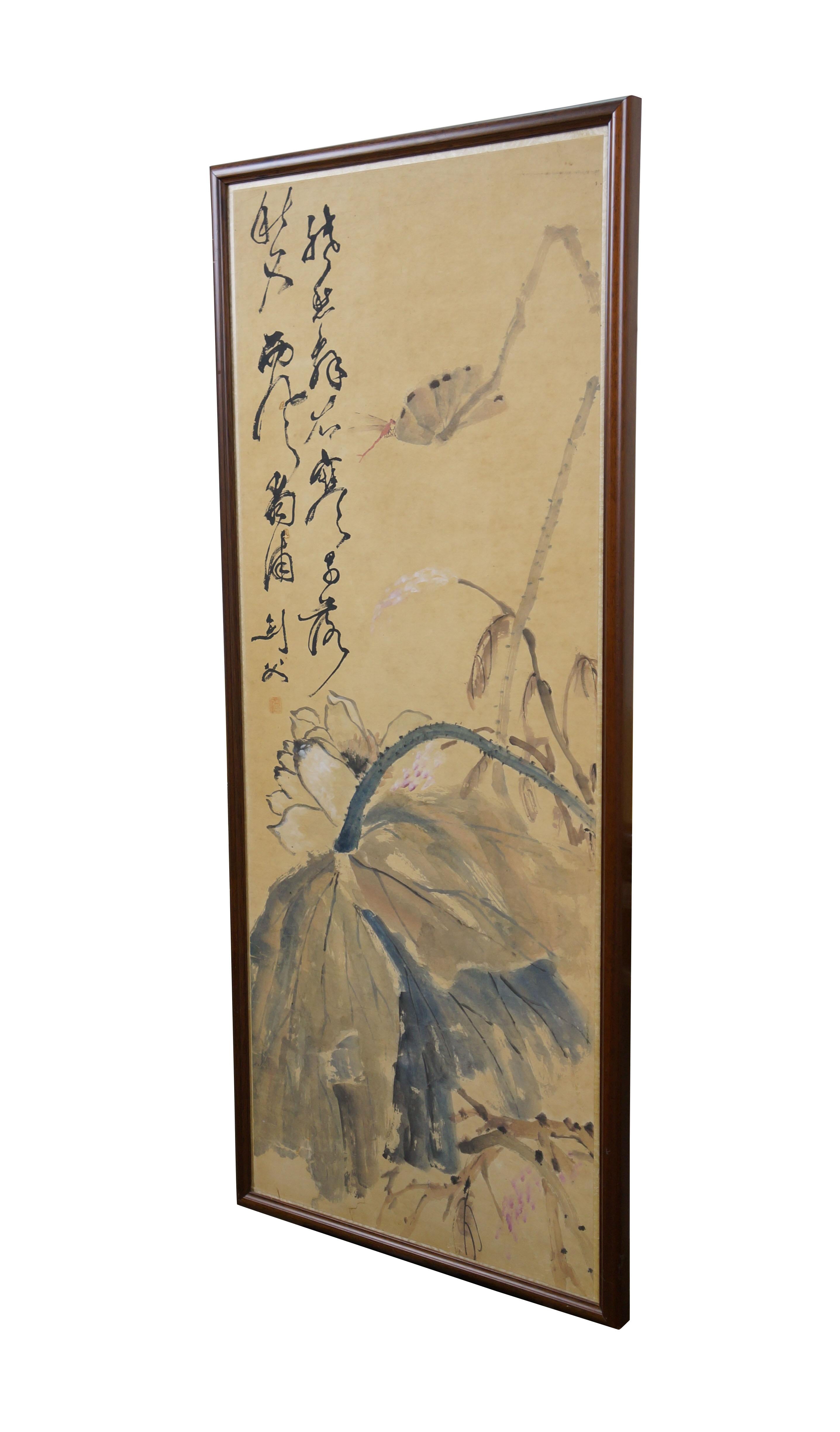 Chinoiserie Antique Gao Jianfu Chinese Autumn Dragonfly Lotus Watercolor Scroll Painting 40