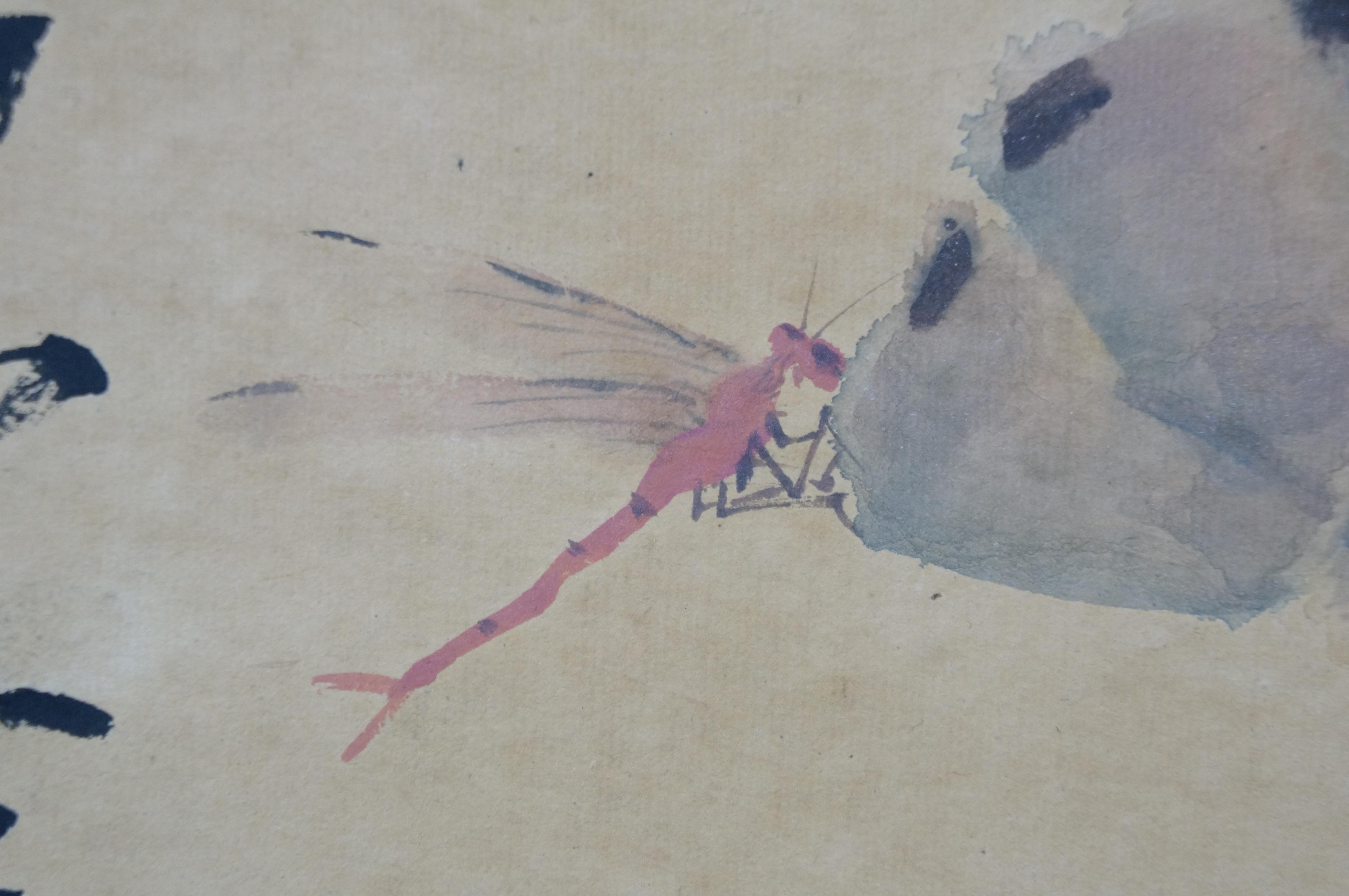 Antique Gao Jianfu Chinese Autumn Dragonfly Lotus Watercolor Scroll Painting 40