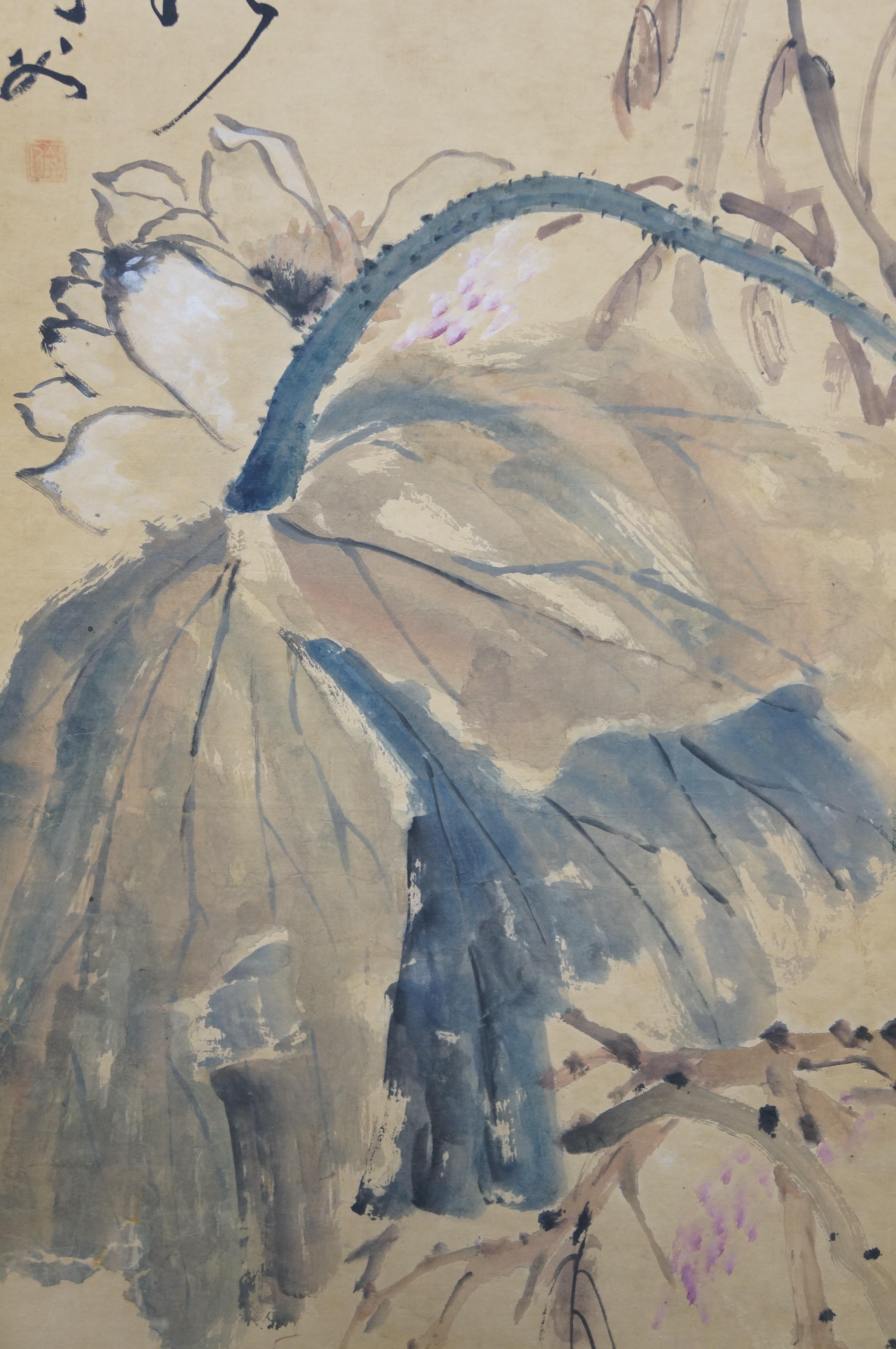 Antique Gao Jianfu Chinese Autumn Dragonfly Lotus Watercolor Scroll Painting 40