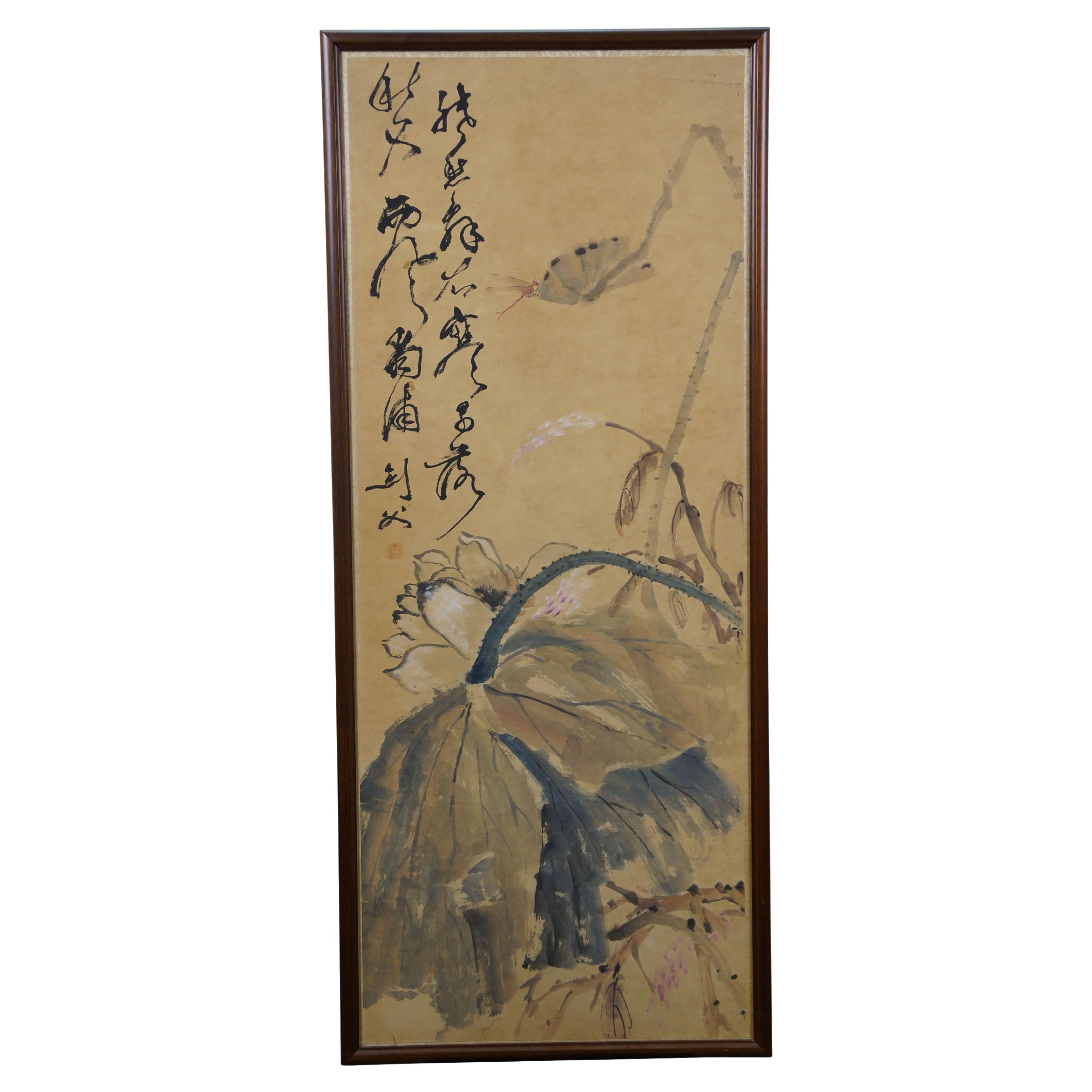 Antique Gao Jianfu Chinese Autumn Dragonfly Lotus Watercolor Scroll Painting 40" For Sale