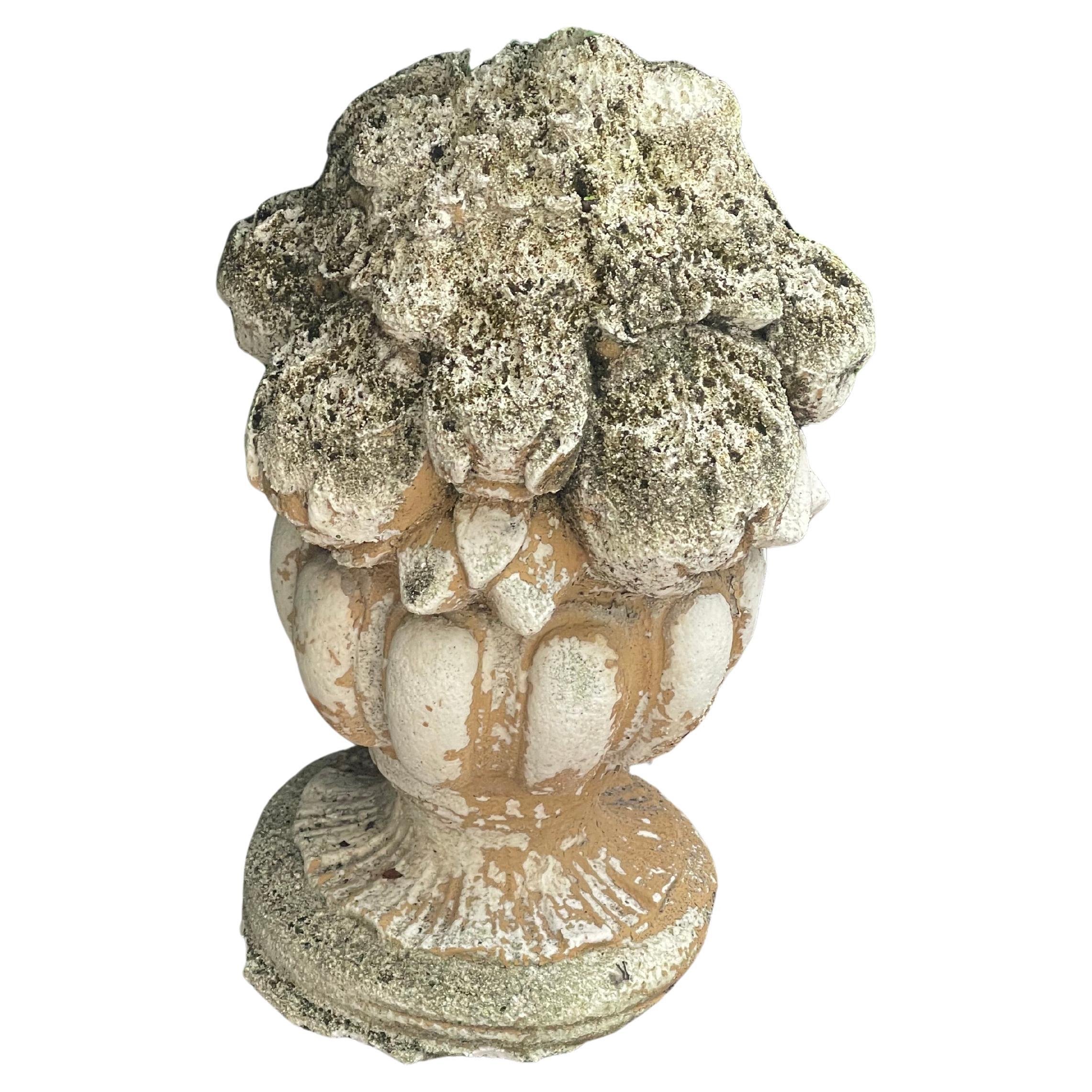 Antique Garden Concrete Urn with Flowers Ornament Distressed im Angebot