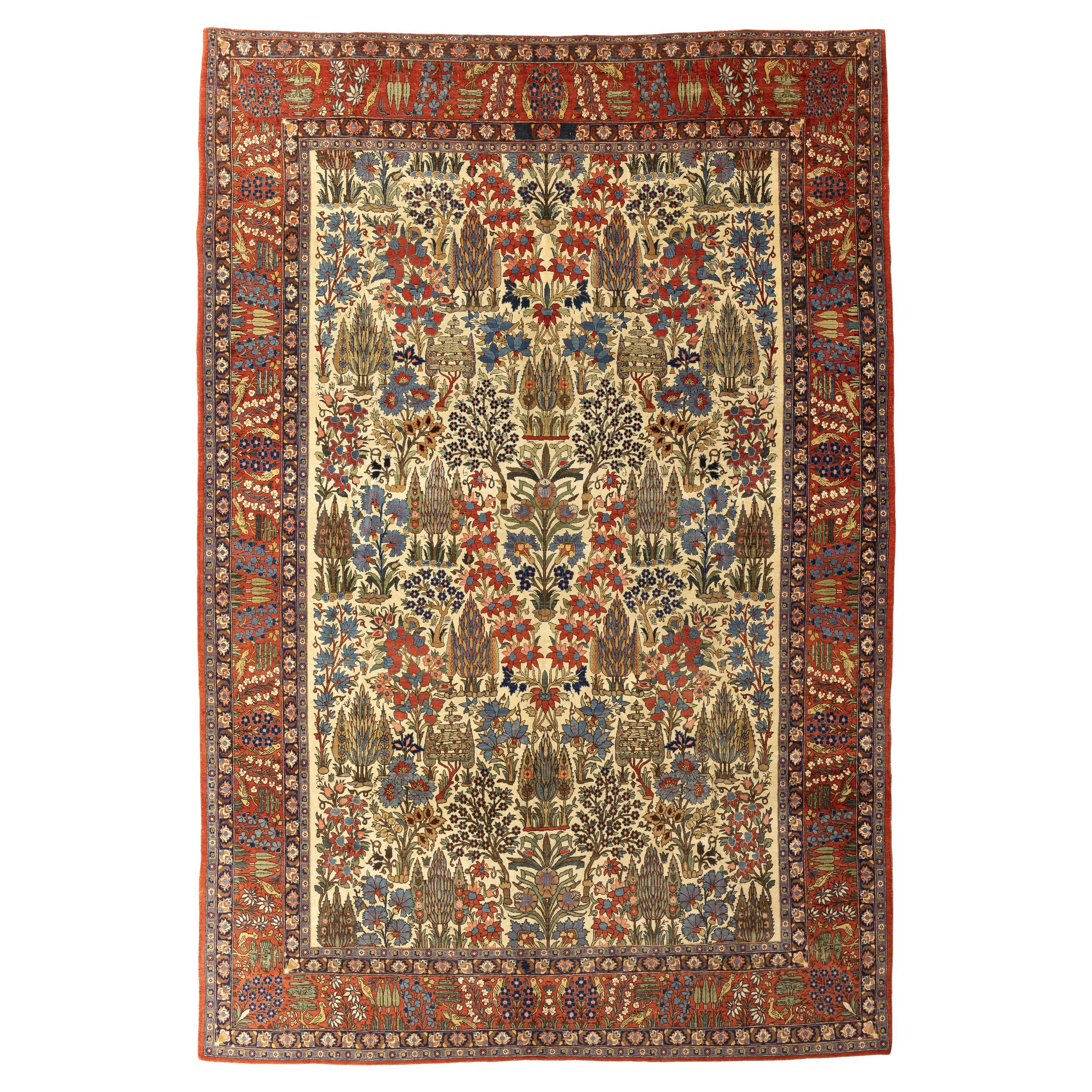 Antiker Garten-Design-Teppich mit elfenbeinfarbenem Feld und mehrfarbigen botanischen Motiven