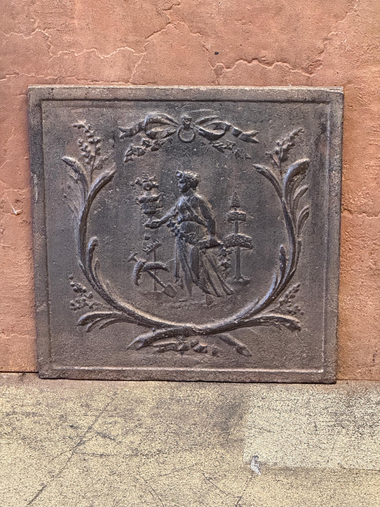 Cast Antique 'Gardening' Fireback' / Backsplash, Neoclassical Period For Sale