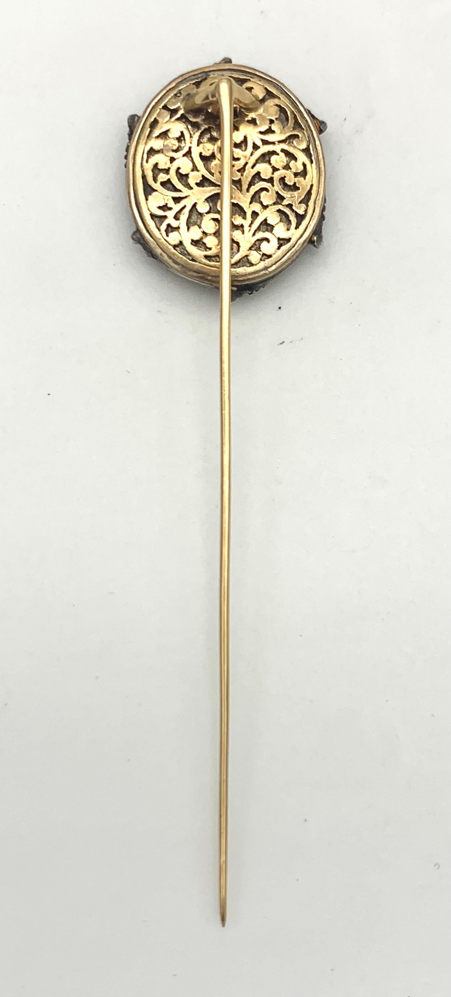 Antique Gardiniere Tie Pin Stick Pin Rose Diamonds 18k Gold Silver Glass In Good Condition In Munich, Bavaria