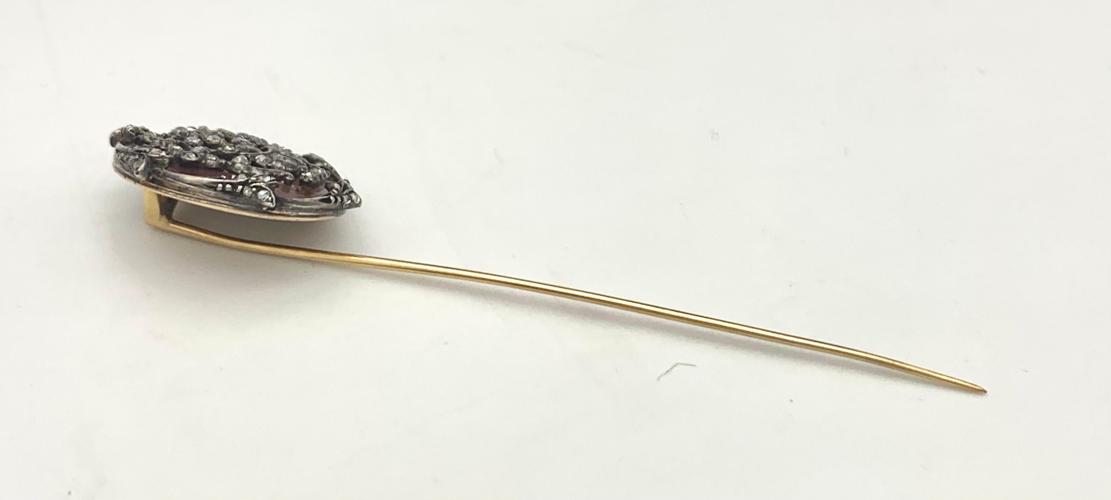 Women's or Men's Antique Gardiniere Tie Pin Stick Pin Rose Diamonds 18k Gold Silver Glass