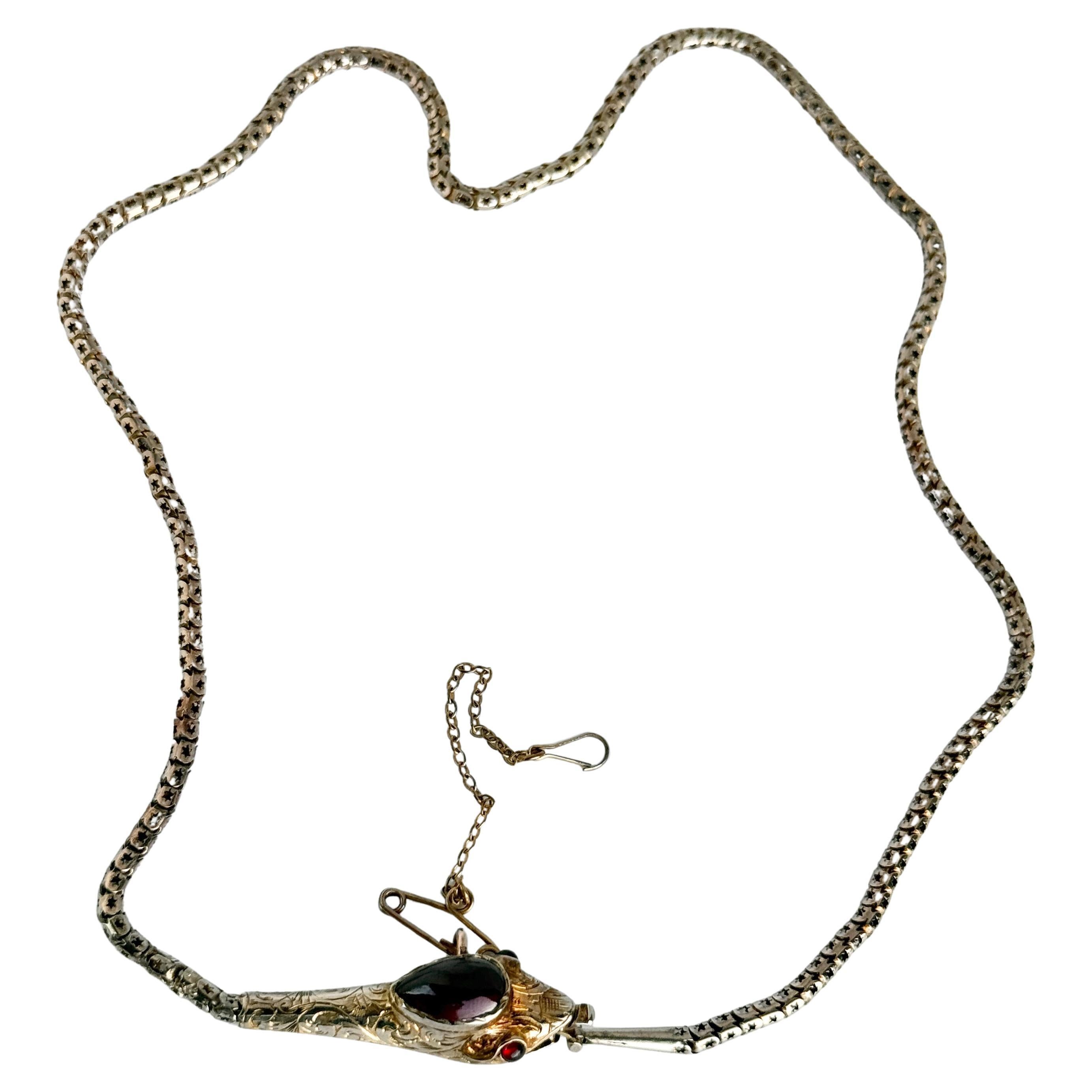 Antique Garnet 9 Carat Gold Snake Necklace For Sale