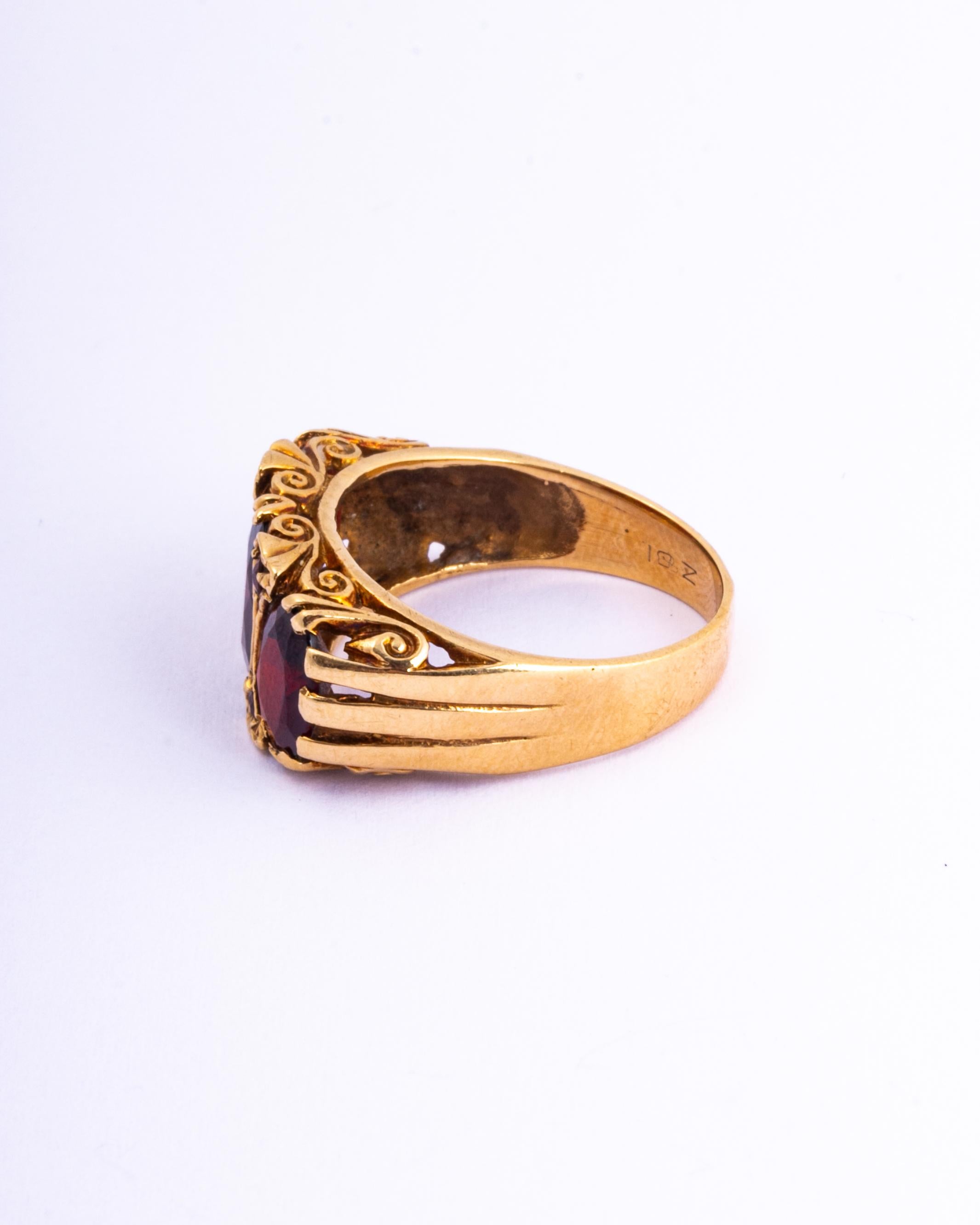 Edwardian Antique Garnet and 9 Carat Gold Three-Stone Ring
