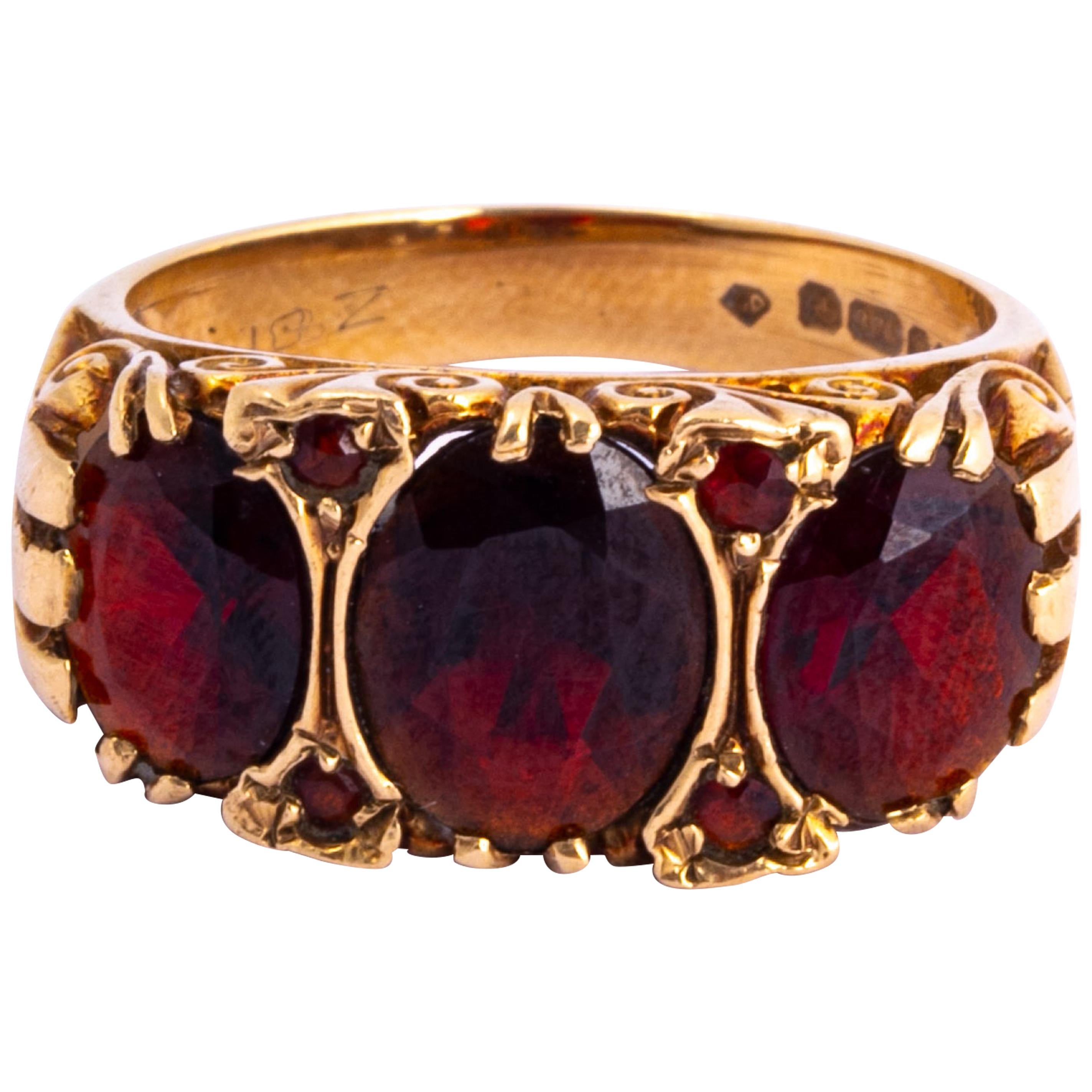 Antique Garnet and 9 Carat Gold Three-Stone Ring