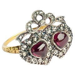 Antique Garnet and Diamond 9 Carat Gold Double Heart Ring