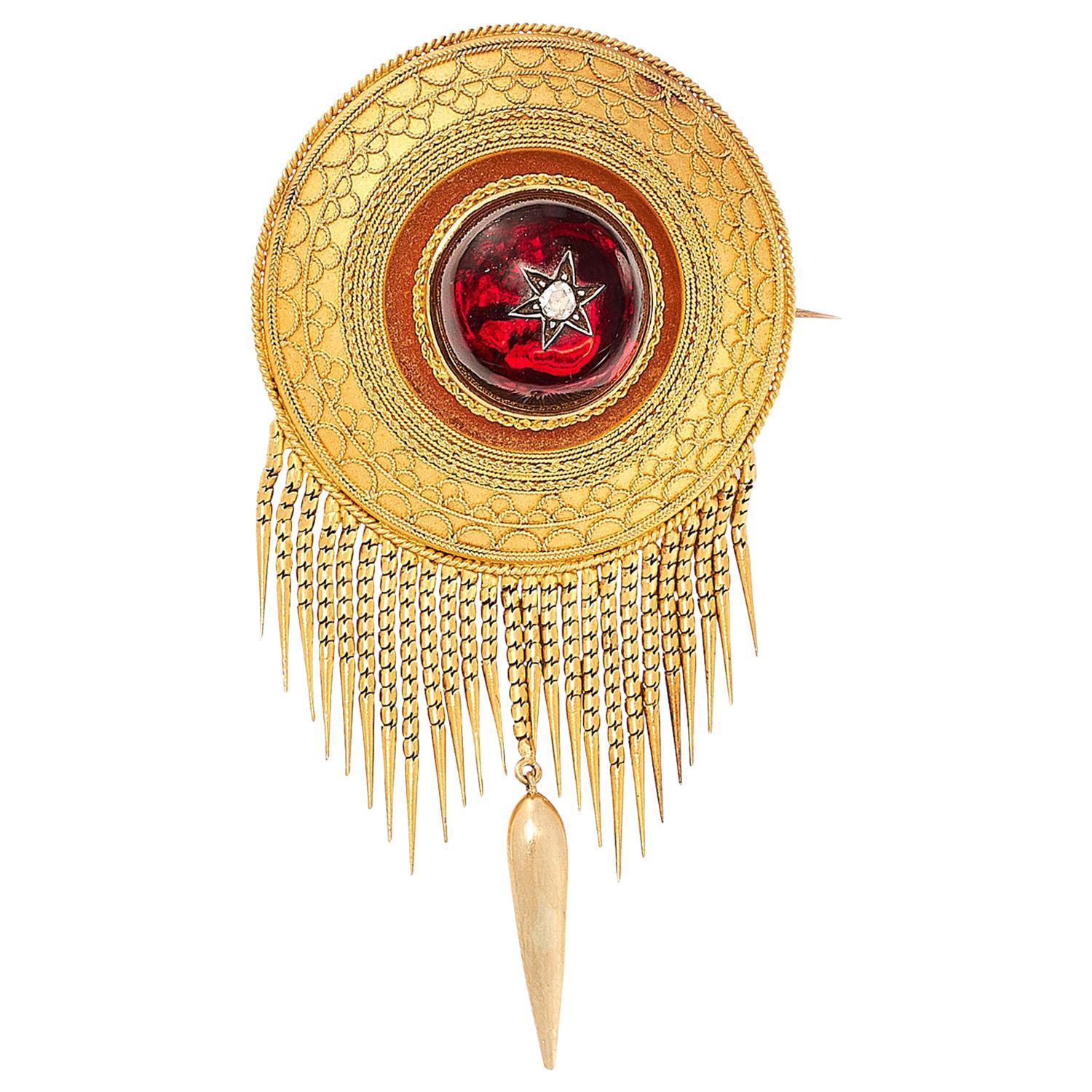Antique Garnet and Diamond Mourning Tassel Brooch, 19th Century For Sale