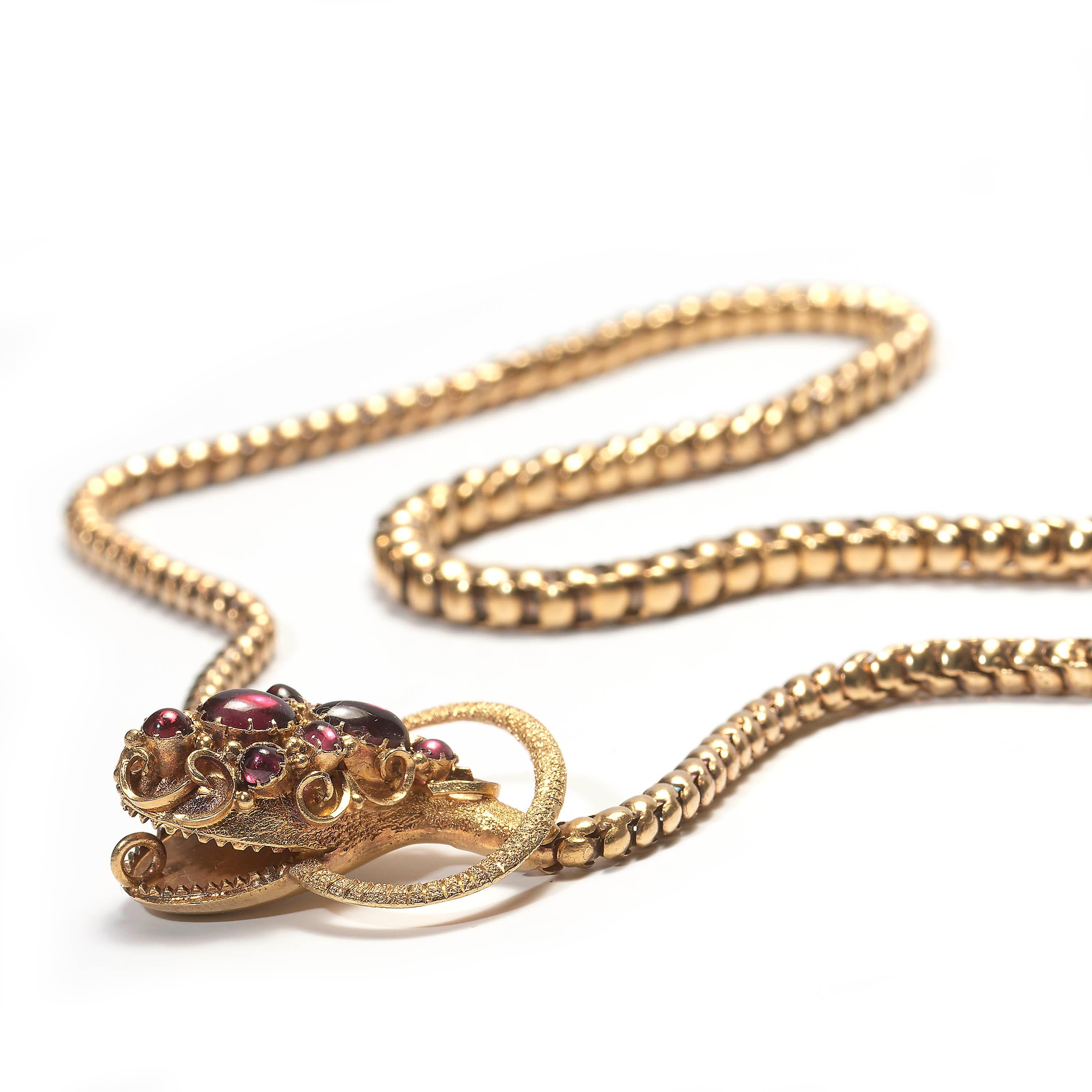 Early Victorian Antique Garnet and Gold Snake Necklace, Circa 1840 For Sale