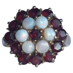 Vintage Garnet and Opal 9 Carat Gold Cluster Panel Ring