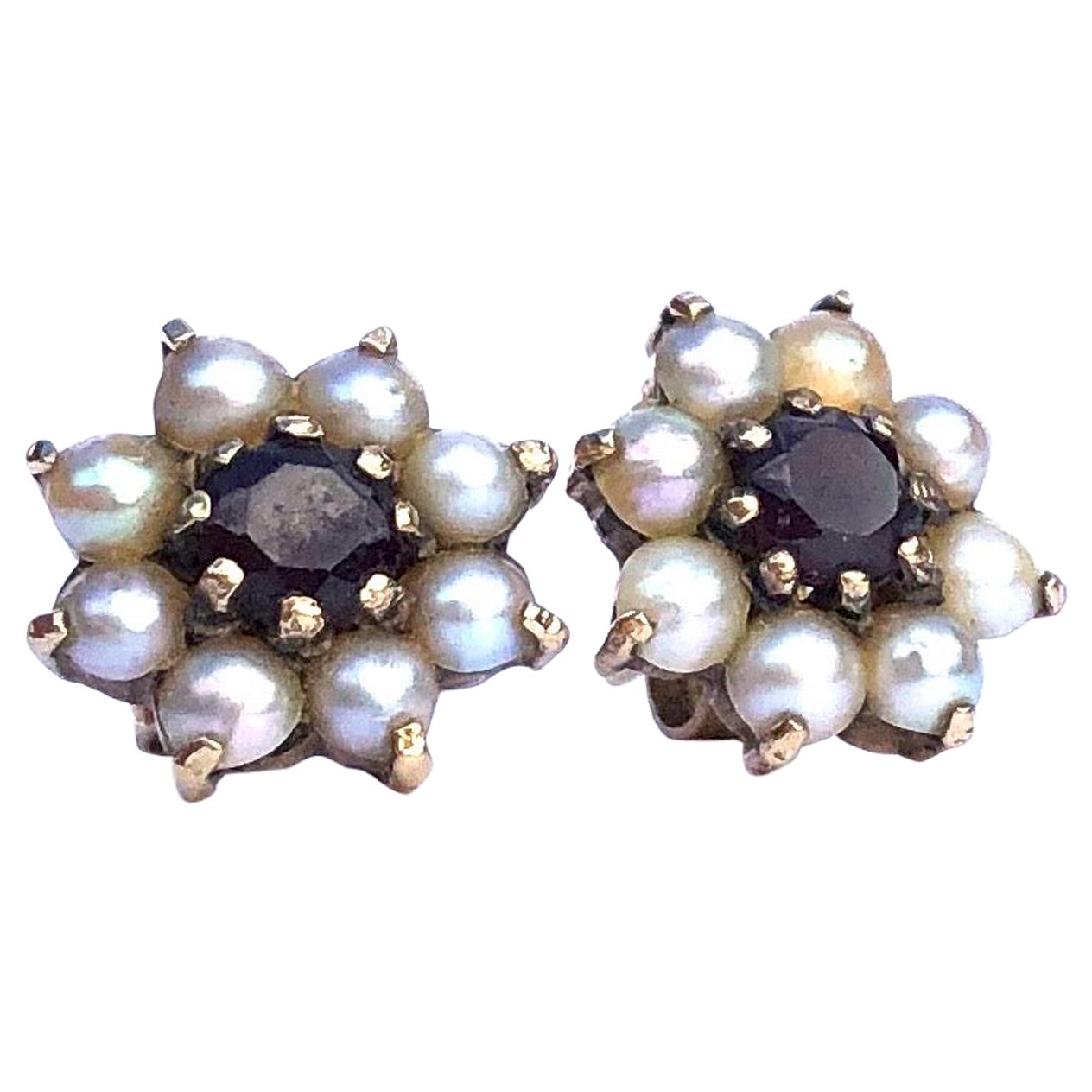 Antique Garnet and Pearl 9 Carat Gold Cluster Earrings