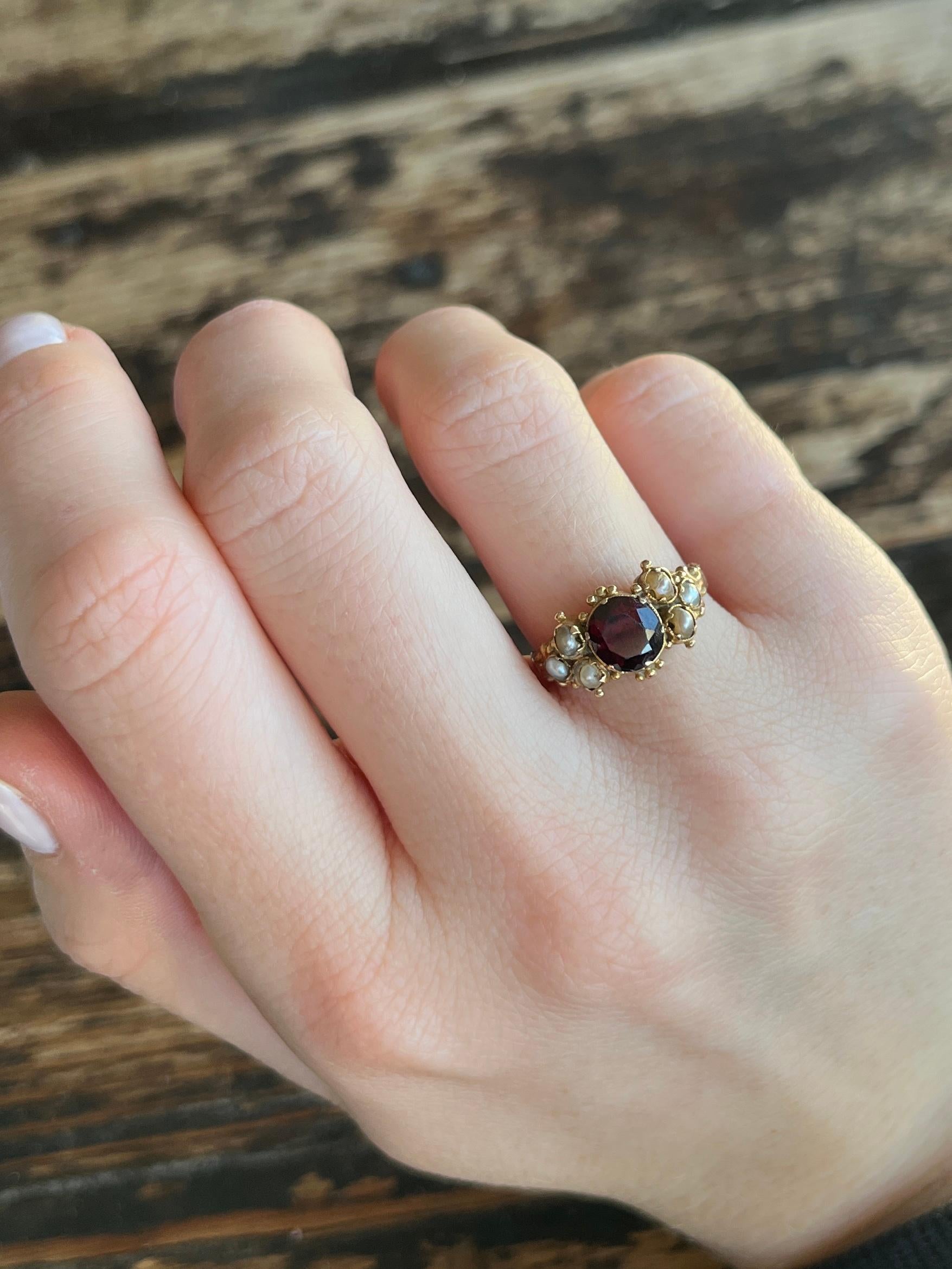 Georgian Antique Garnet and pearl 9 Carat Gold Ring