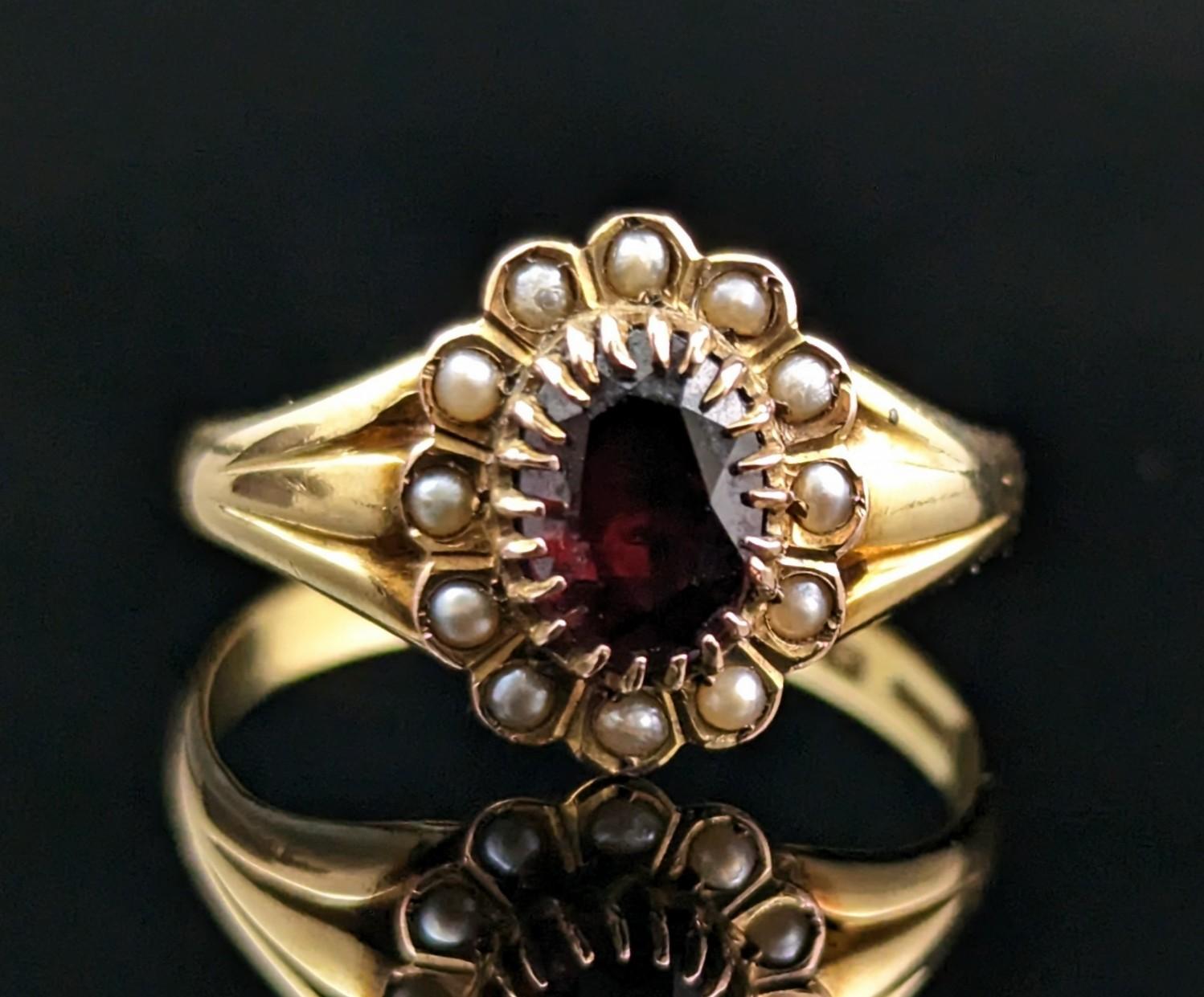 Antique Garnet and Pearl Cluster Ring, 18k Yellow Gold, Edwardian 4