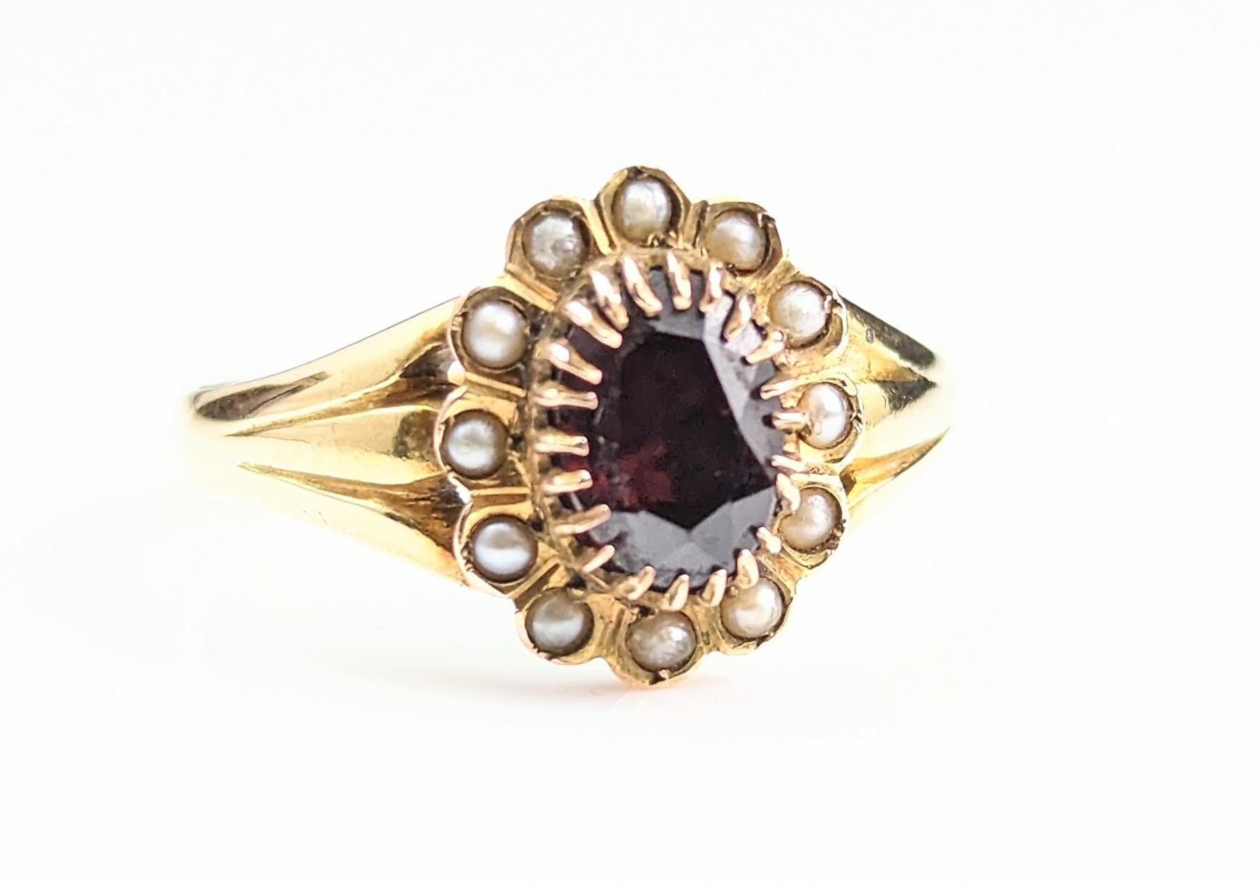 Antique Garnet and Pearl Cluster Ring, 18k Yellow Gold, Edwardian 7