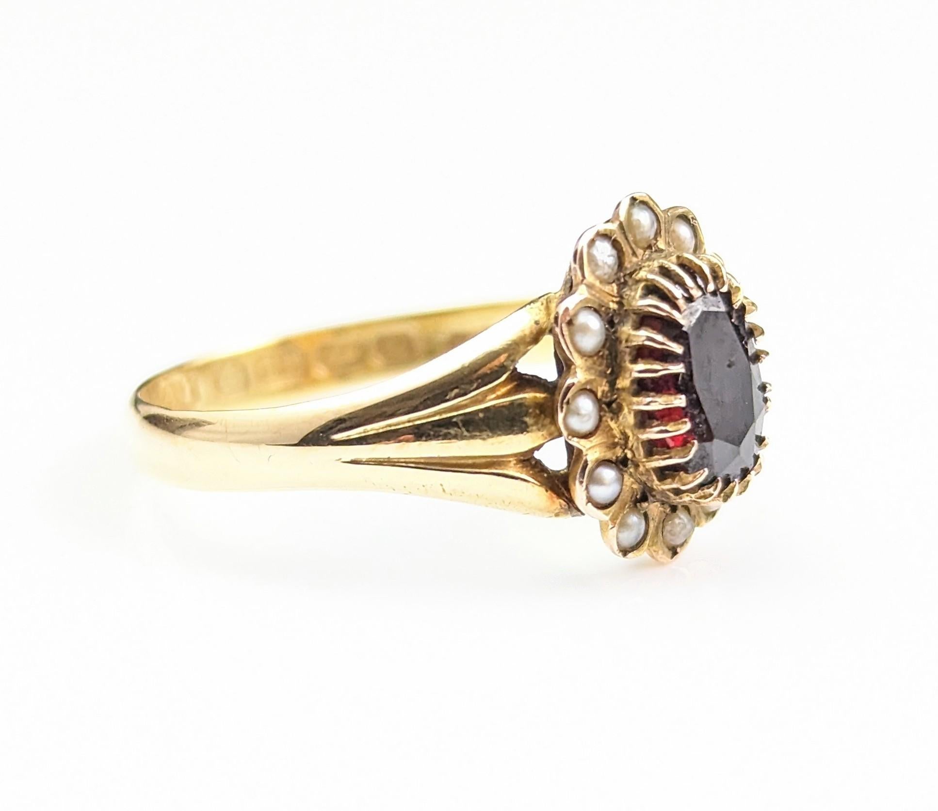 Antique Garnet and Pearl Cluster Ring, 18k Yellow Gold, Edwardian 8