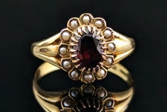 Antique Garnet and Pearl Cluster Ring, 18k Yellow Gold, Edwardian