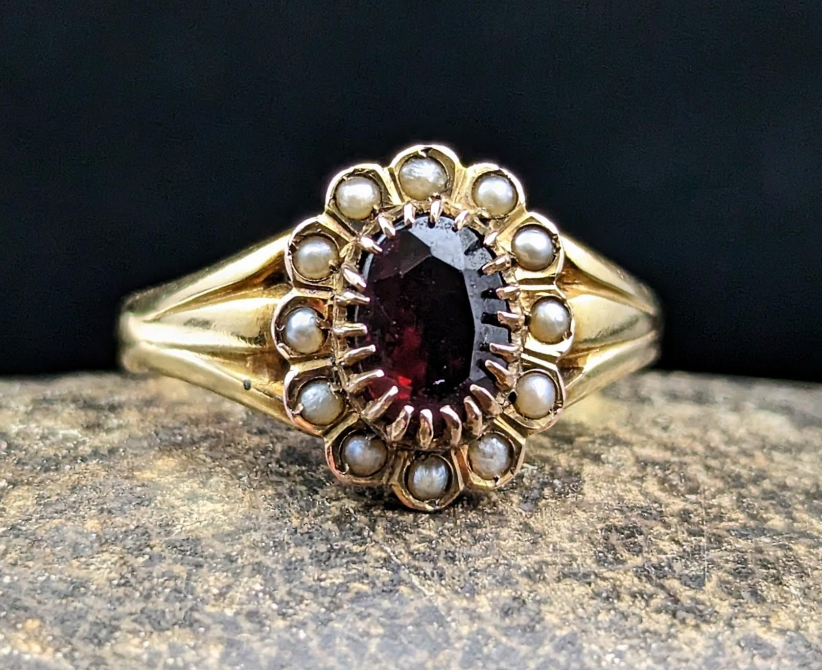 Oval Cut Antique Garnet and Pearl Cluster Ring, 18k Yellow Gold, Edwardian