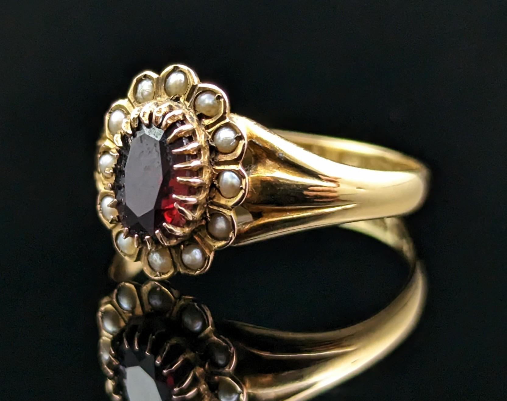 Antique Garnet and Pearl Cluster Ring, 18k Yellow Gold, Edwardian 1
