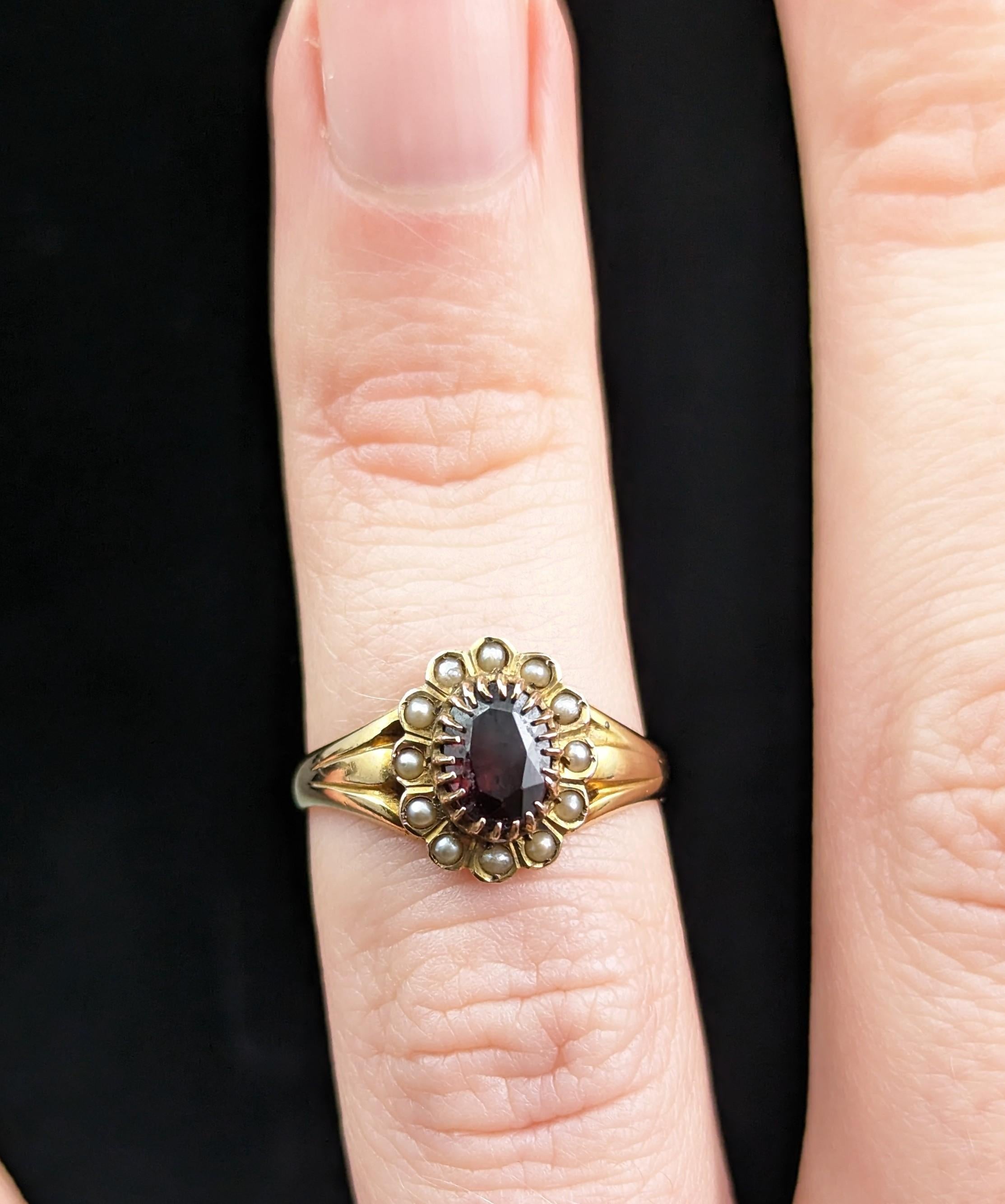 Antique Garnet and Pearl Cluster Ring, 18k Yellow Gold, Edwardian 3