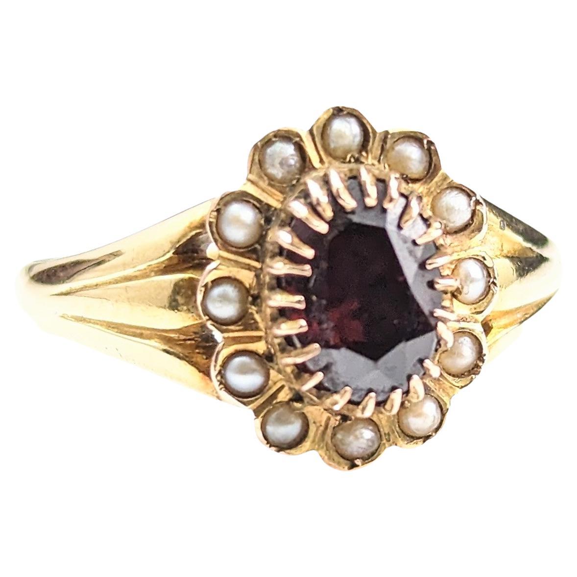 Antique Garnet and Pearl Cluster Ring, 18k Yellow Gold, Edwardian