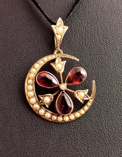 Antique Garnet and pearl Crescent and Shamrock pendant, 9k gold