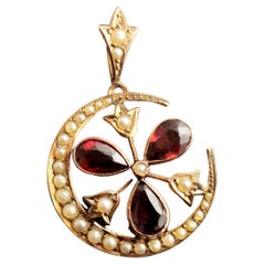 Antique Garnet and pearl Crescent and Shamrock pendant, 9k gold 