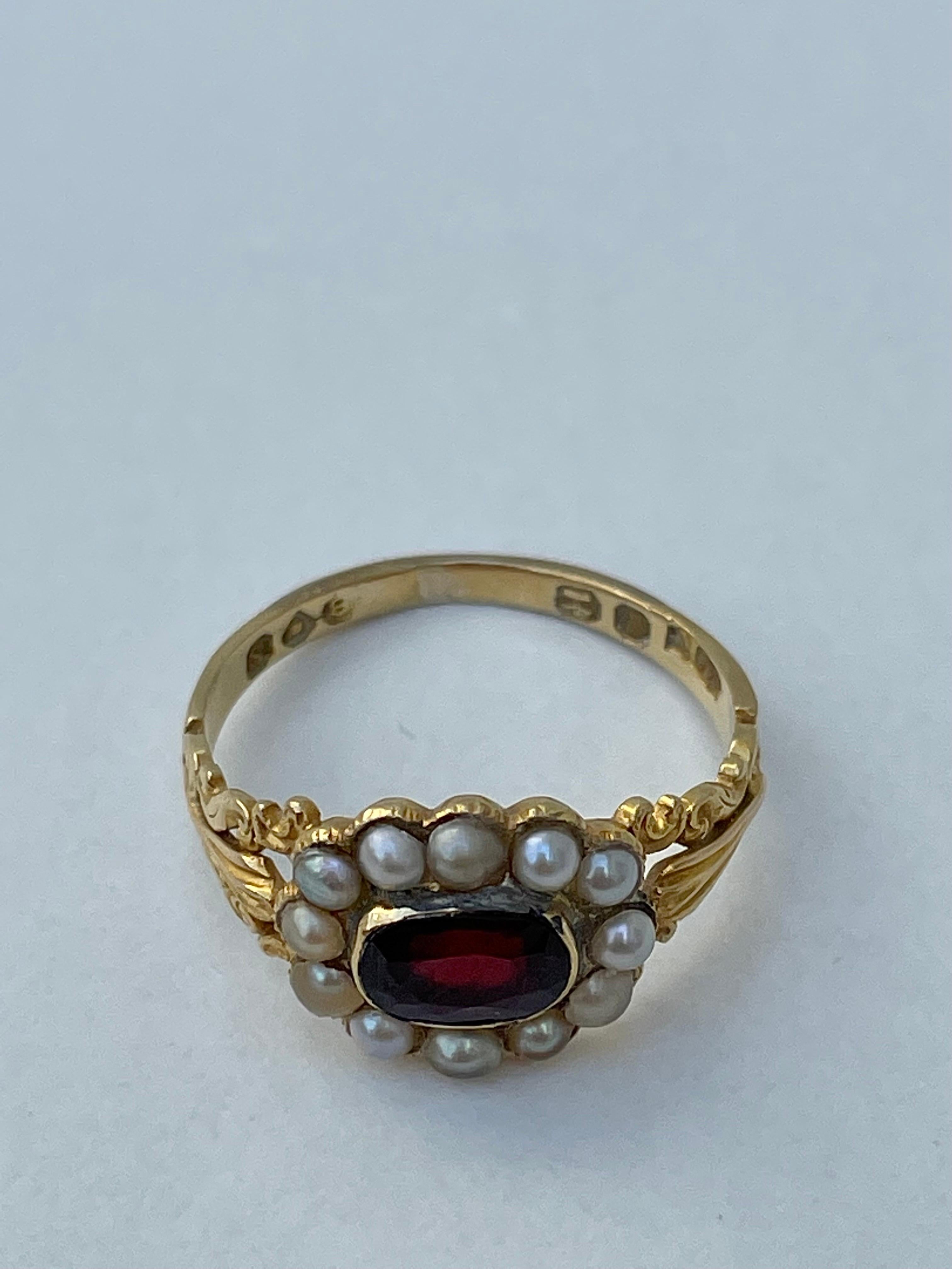 Mixed Cut Antique Garnet and Pearl Halo 18 Carat Yellow Gold Ring