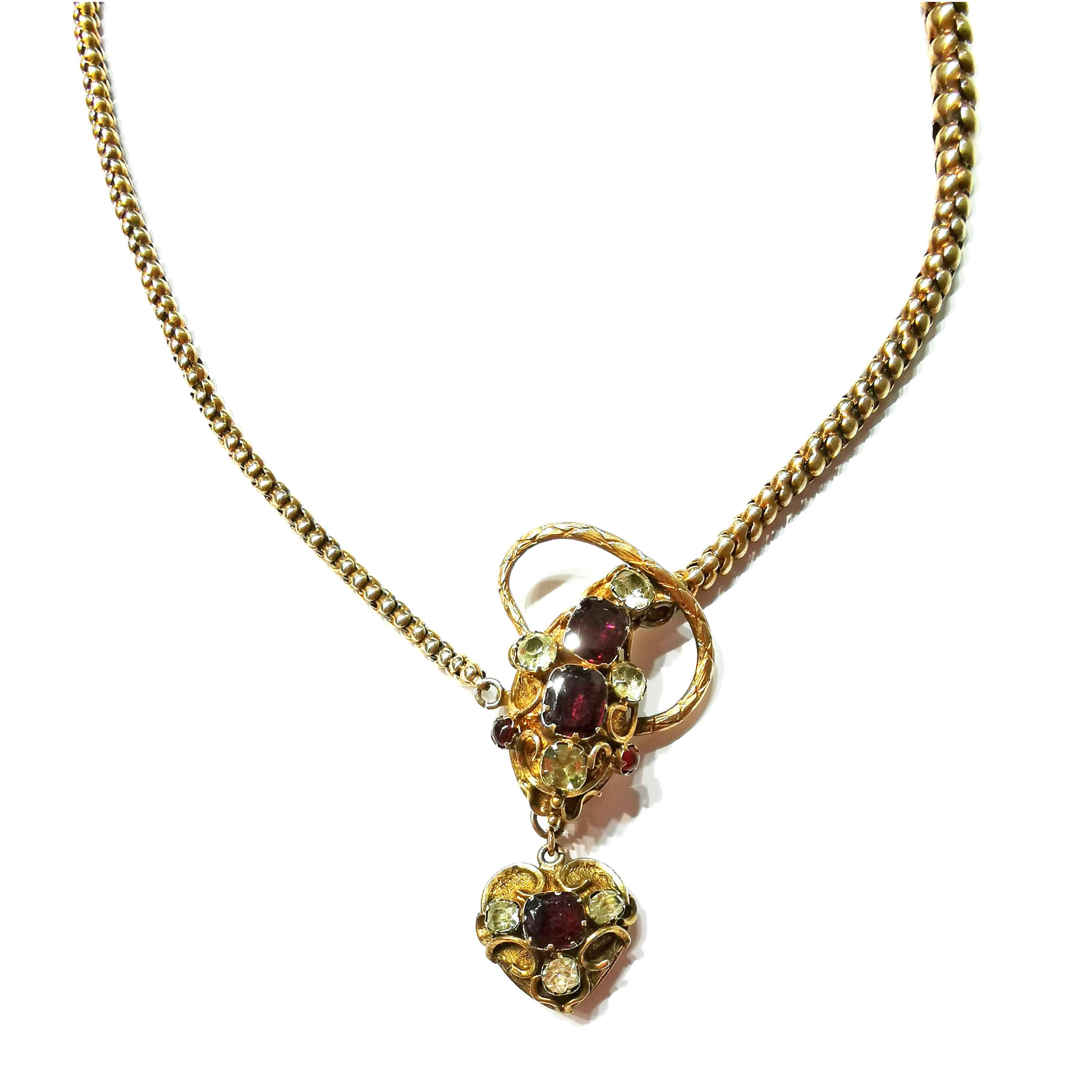 Early Victorian Antique Garnet, Beryl and Gold Snake Necklace, Circa 1840 For Sale