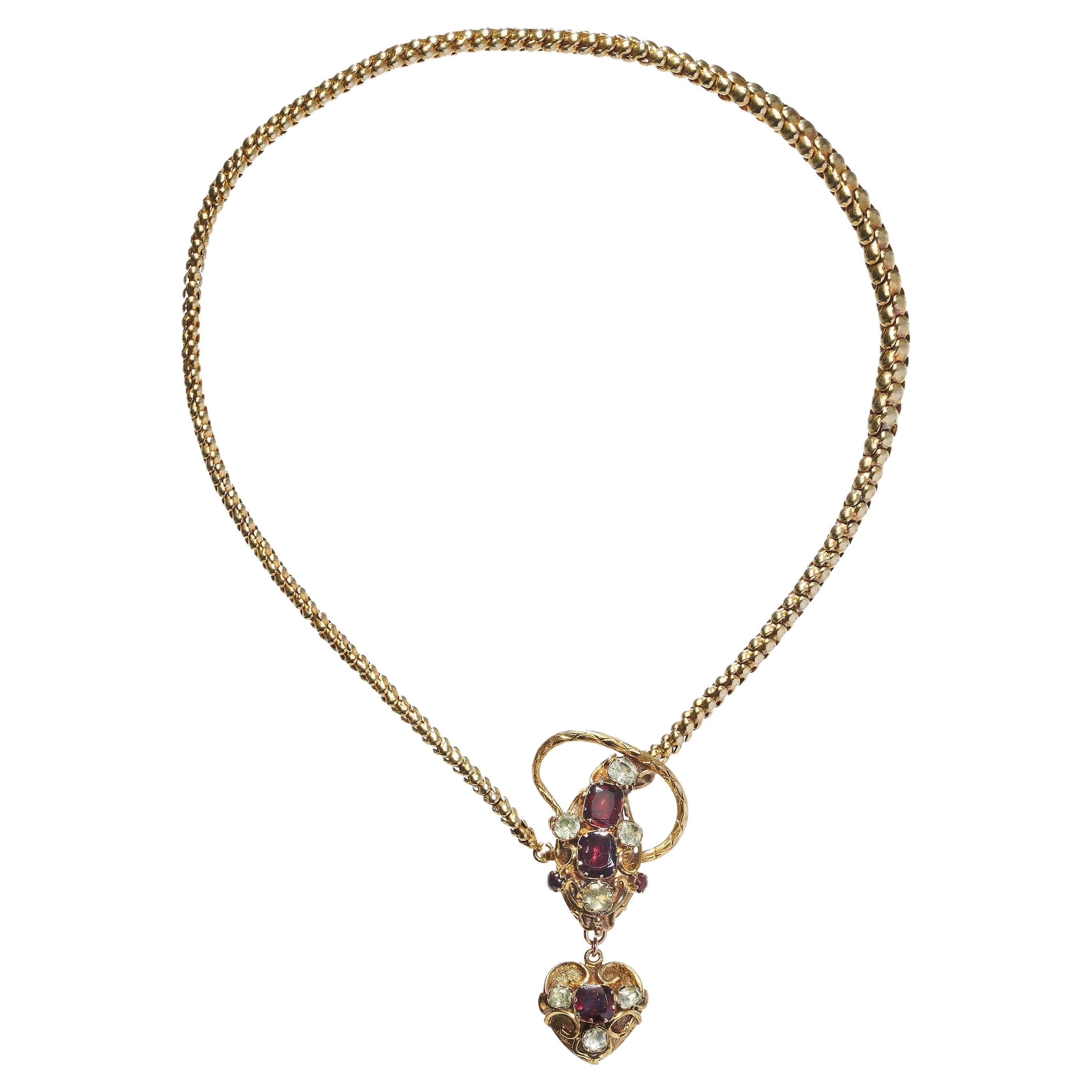 Antique Garnet, Beryl and Gold Snake Necklace, Circa 1840 For Sale