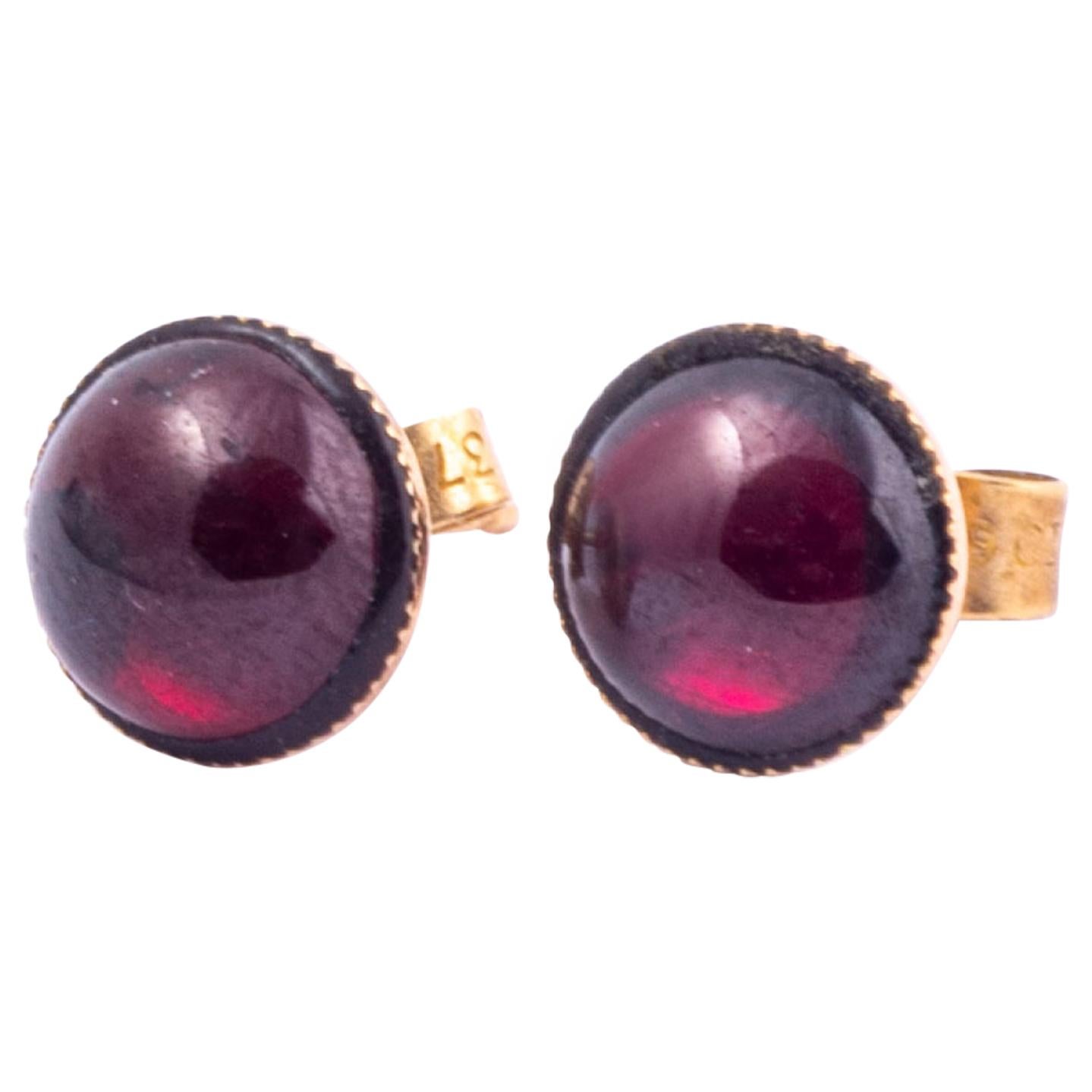 Antique Garnet Cabochon and 9 Carat Gold Stud Earrings