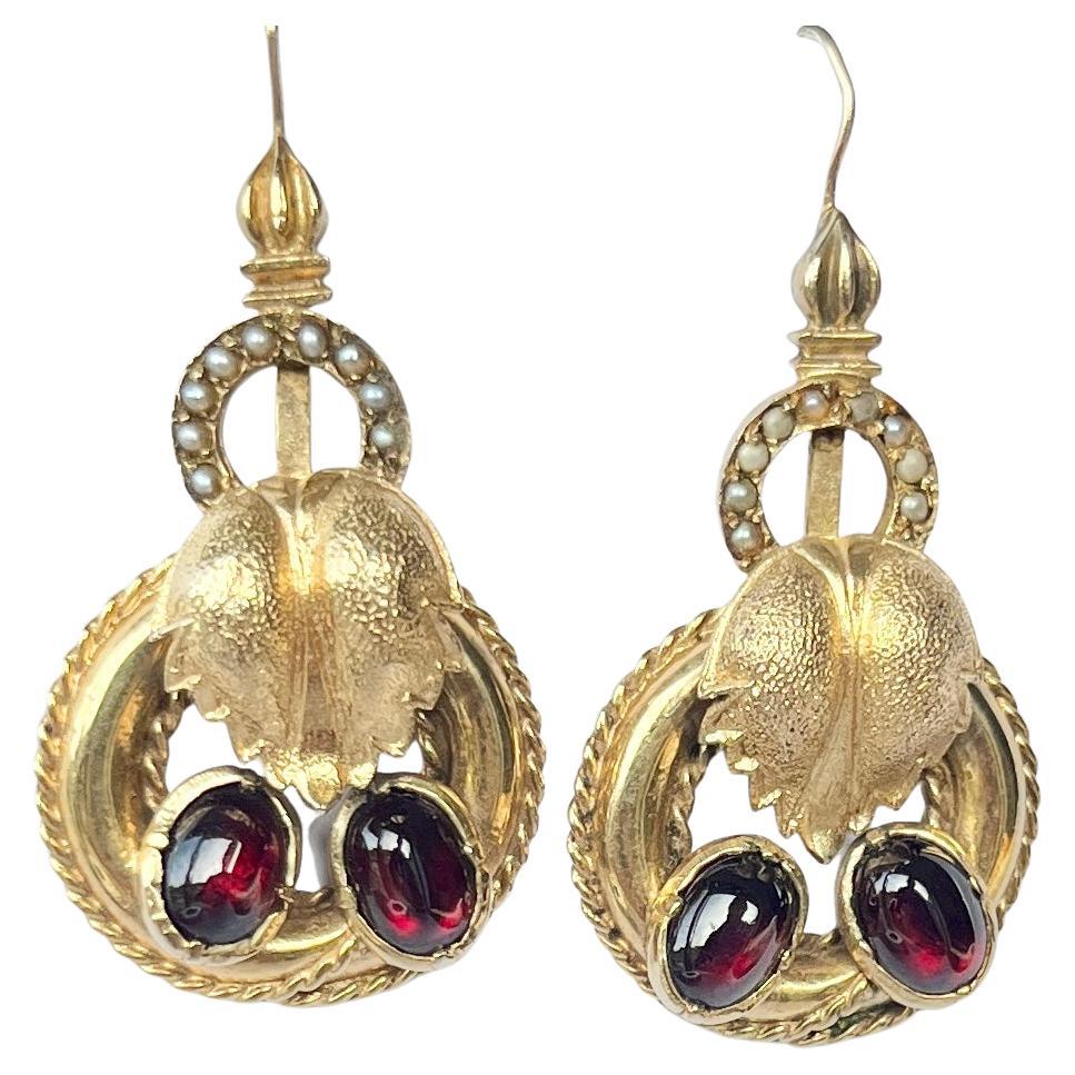 Antique Garnet Cabochon and 9 Carat Gold drop Earrings For Sale