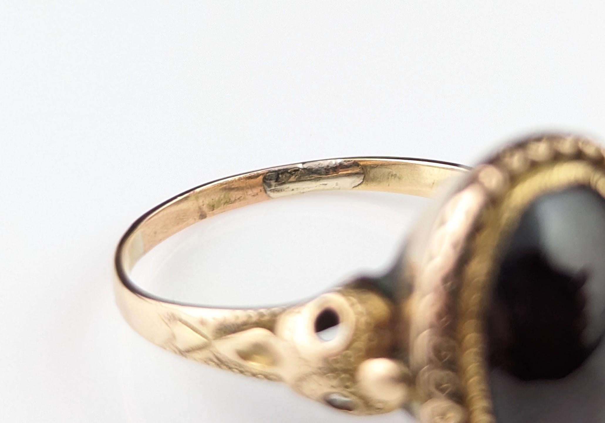 Antique Garnet cabochon ring, 18k gold, Bird mask, Edwardian  8