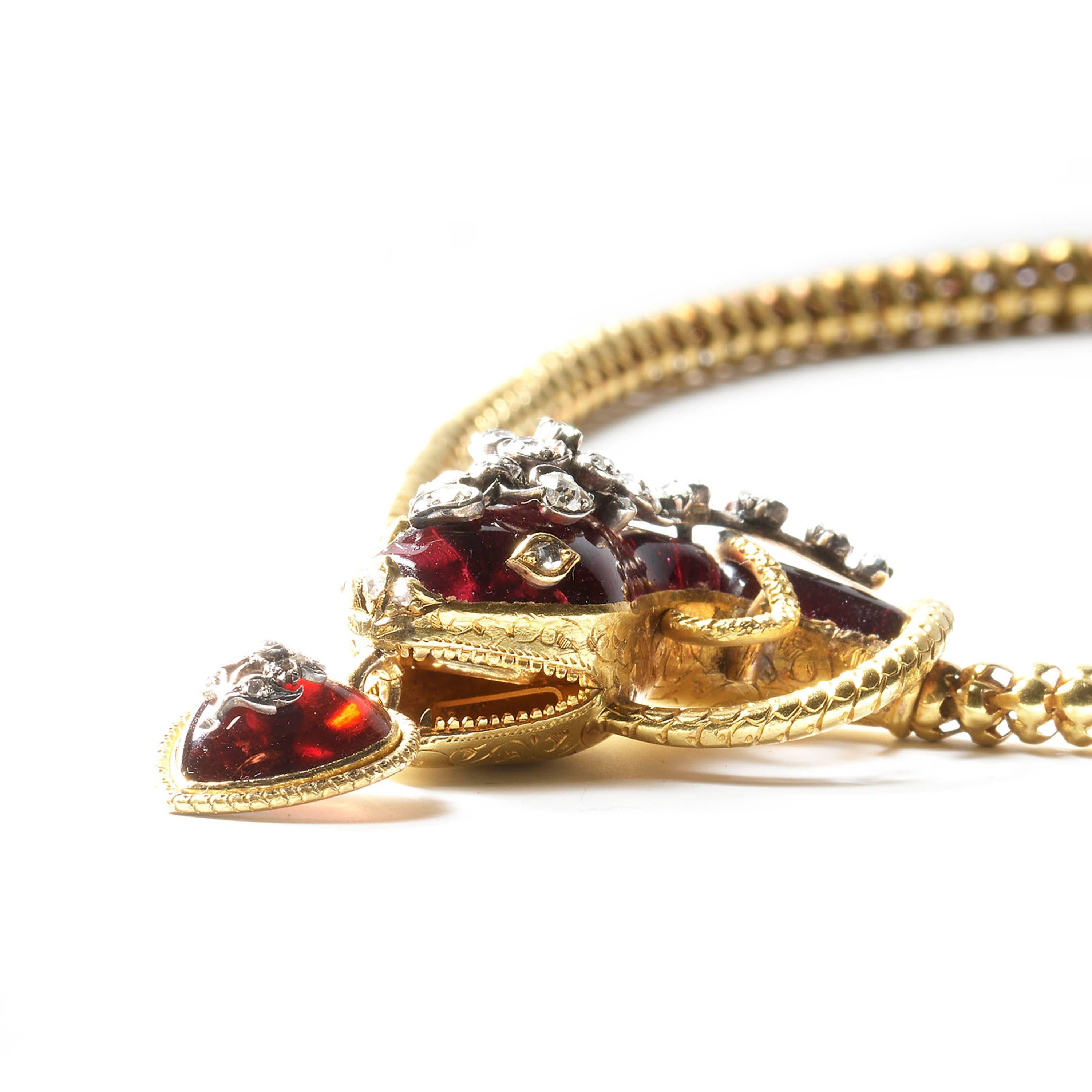 High Victorian Antique Garnet Diamond and Gold Snake Necklace, Circa 1860