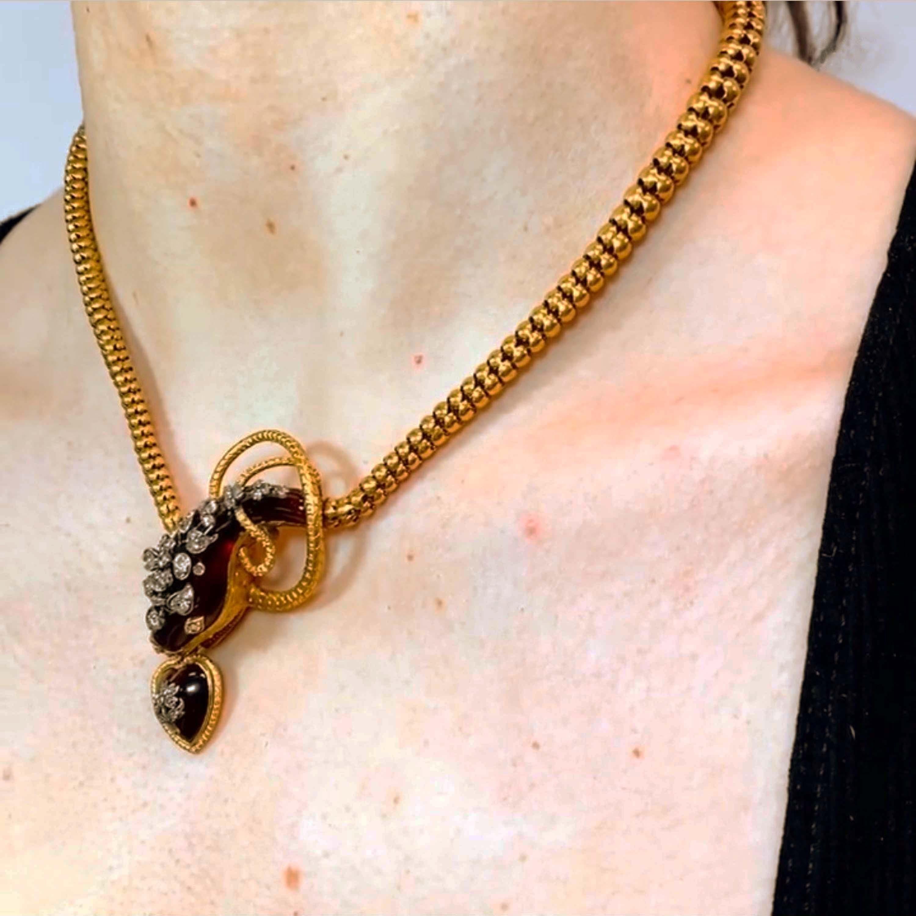 Cabochon Antique Garnet Diamond and Gold Snake Necklace, Circa 1860