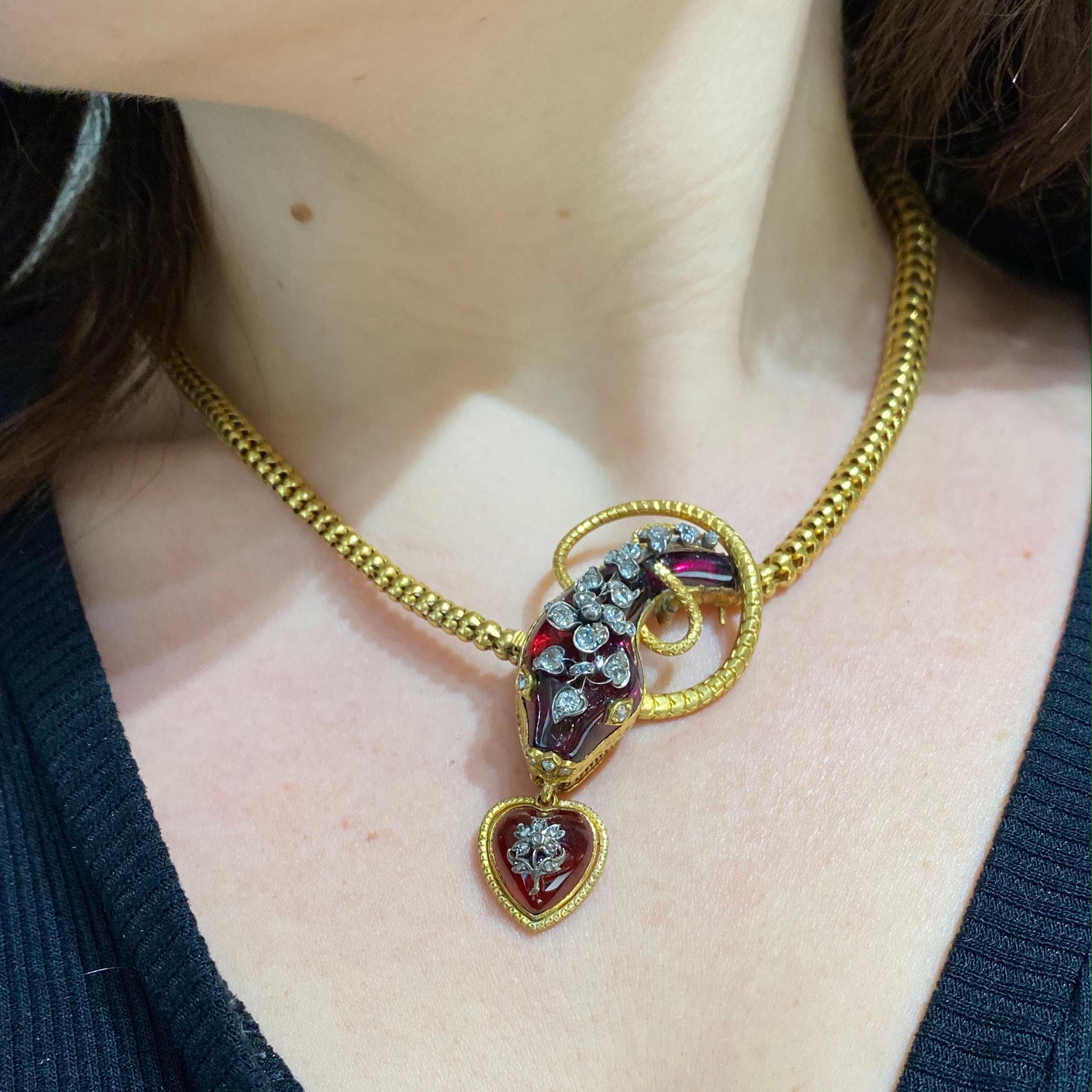 Women's Antique Garnet Diamond and Gold Snake Necklace, Circa 1860