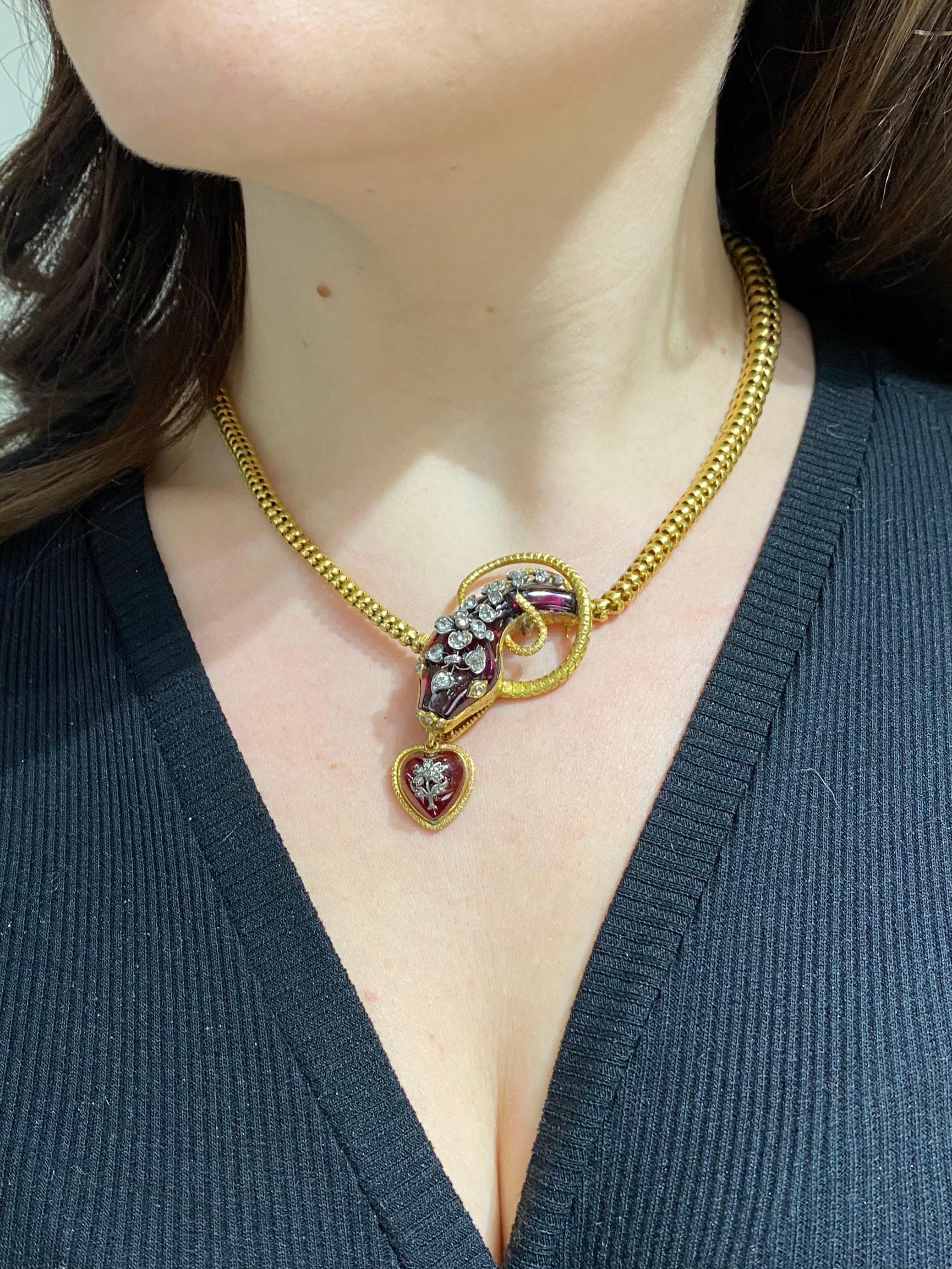 Antique Garnet Diamond and Gold Snake Necklace, Circa 1860 1