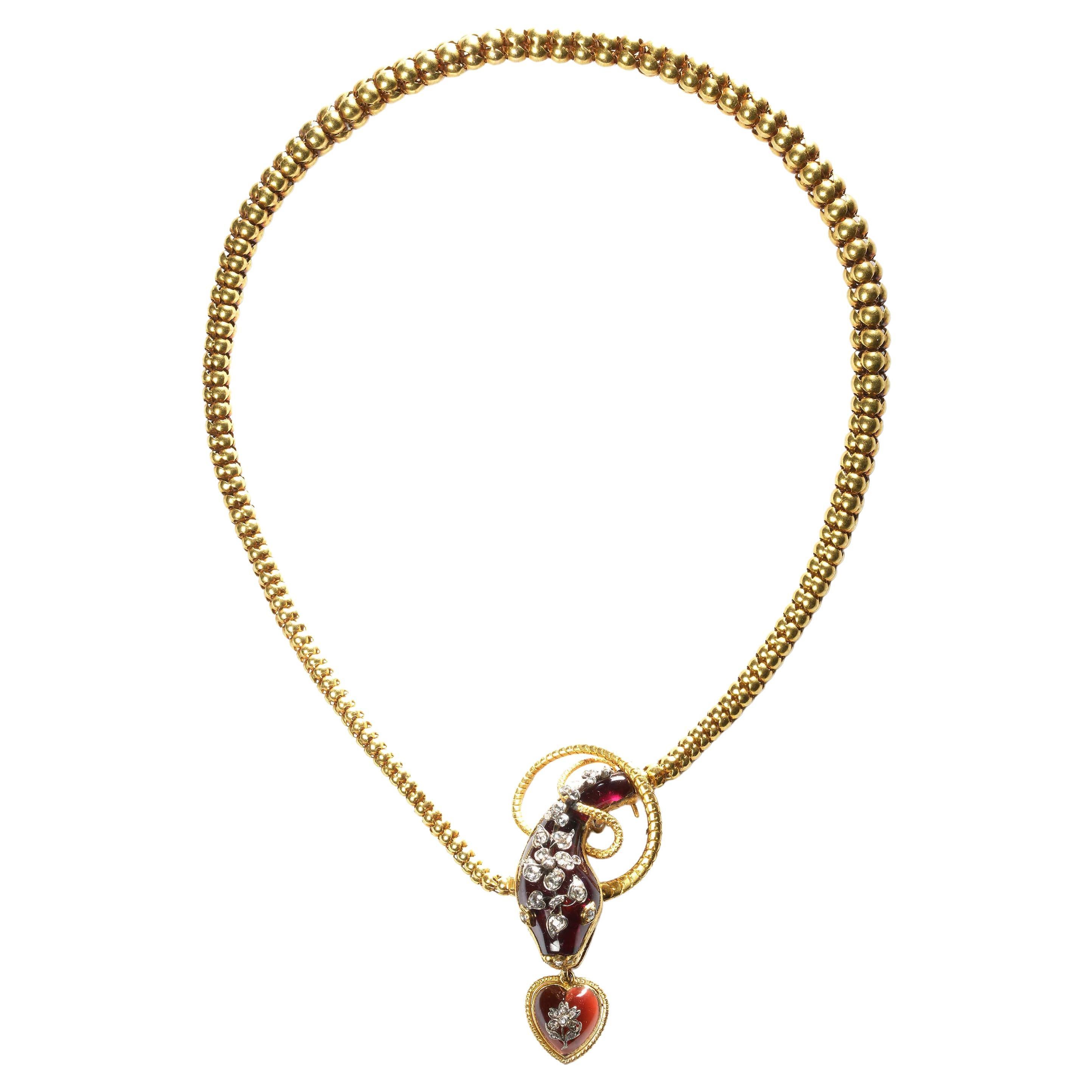 Antique Garnet Diamond and Gold Snake Necklace, Circa 1860