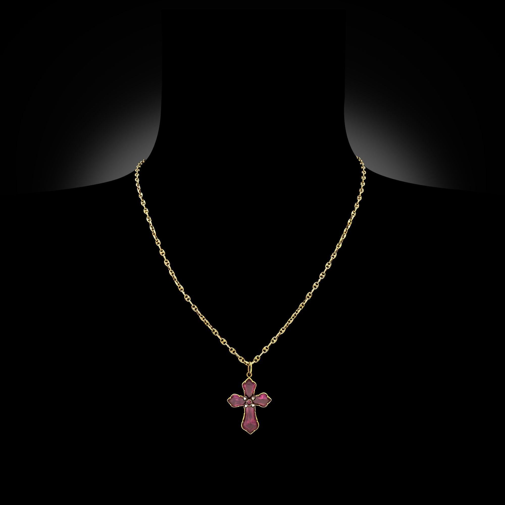 Taille rose Pendentif Croix en grenat et diamant circa 1880 en vente