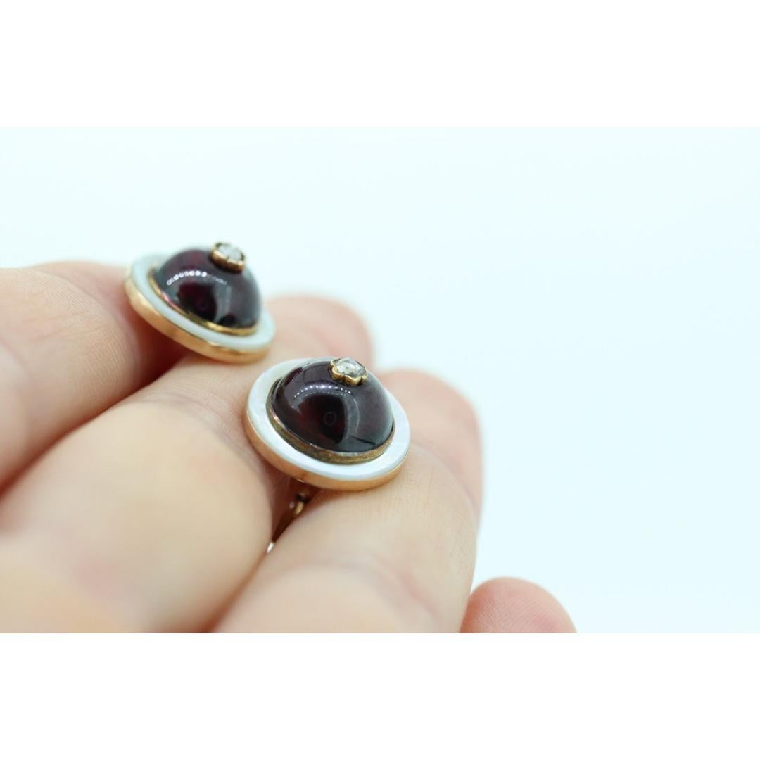 Pendientes antiguos de granate y diamantes. Cabujón de granate etrusco victoriano de oro de 10 quilates en venta 6