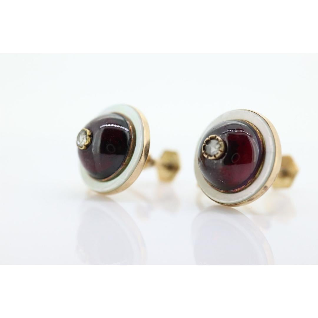 Pendientes antiguos de granate y diamantes. Cabujón de granate etrusco victoriano de oro de 10 quilates en venta 4