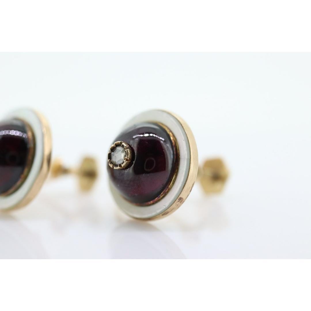 Pendientes antiguos de granate y diamantes. Cabujón de granate etrusco victoriano de oro de 10 quilates en venta 5