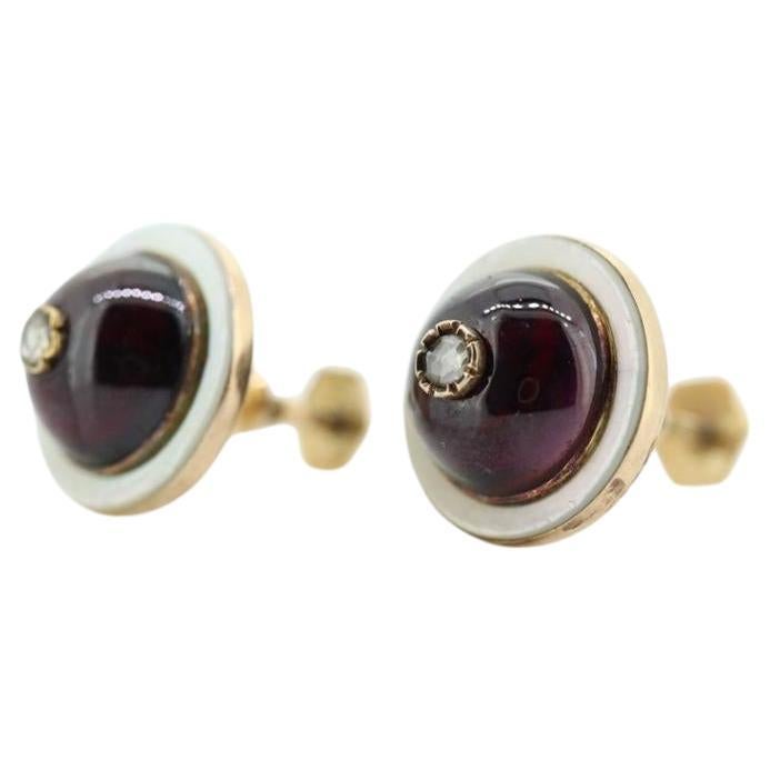 Pendientes antiguos de granate y diamantes. Cabujón de granate etrusco victoriano de oro de 10 quilates en venta