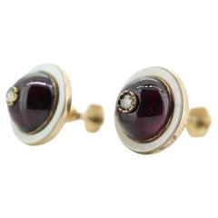 Boucles d'oreilles anciennes en or 10 carats avec grenat étrusque victorien cabochon
