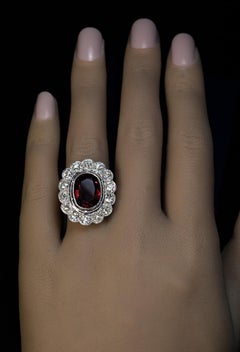 Antique Garnet Diamond Platinum Cluster Ring