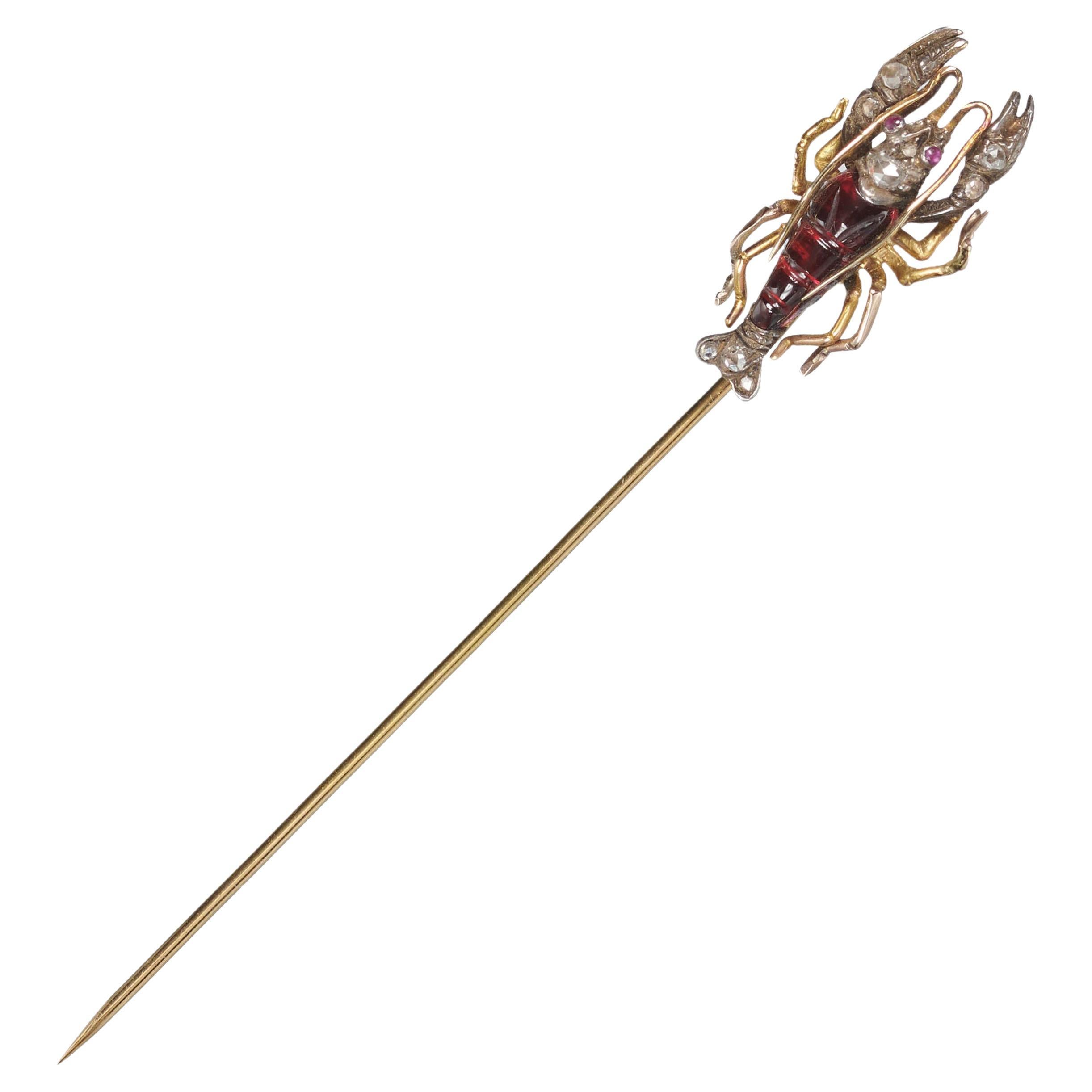 Antique Garnet, Diamond, Ruby, Gold And Silver Lobster Tie Pin, Circa 1900 For Sale