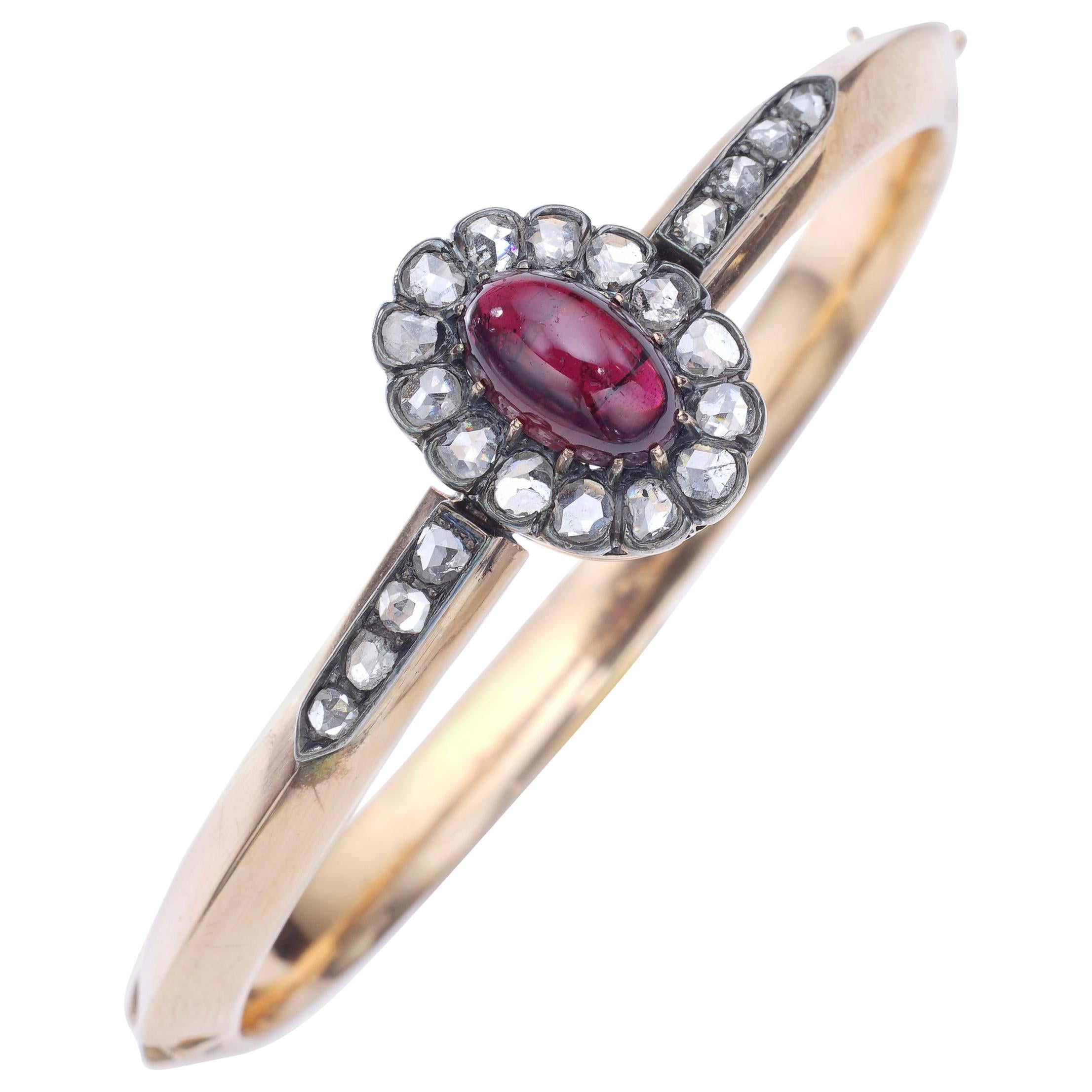 Antique Garnet Diamond Silver and Gold Bangle For Sale