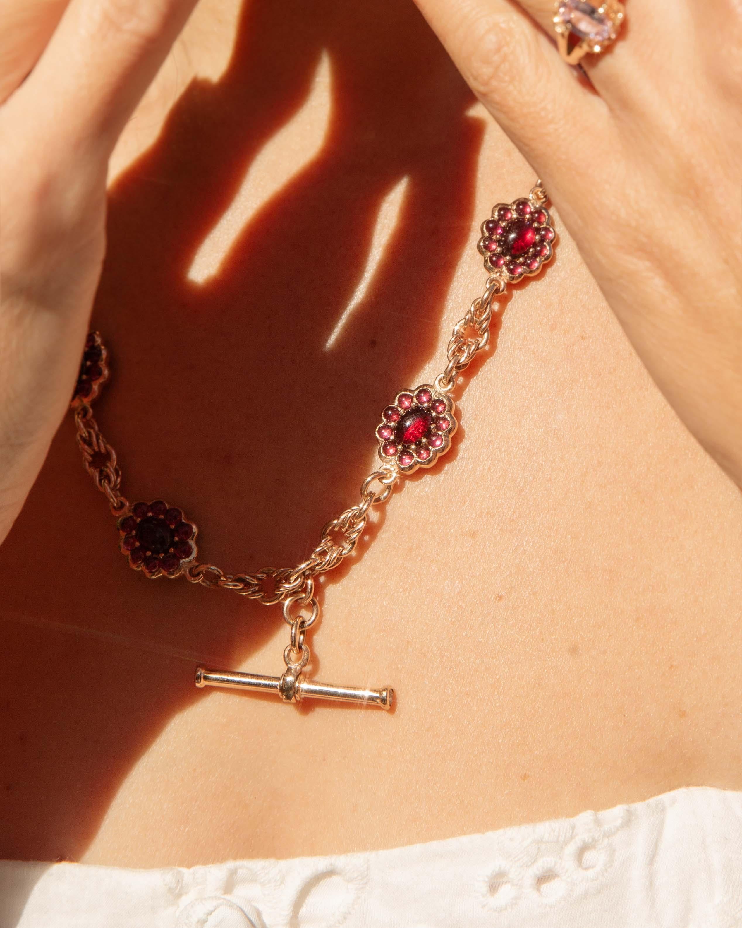Antique Garnet & Diamond Toggle Bar Necklace 9 Carat Yellow Gold For Sale 4