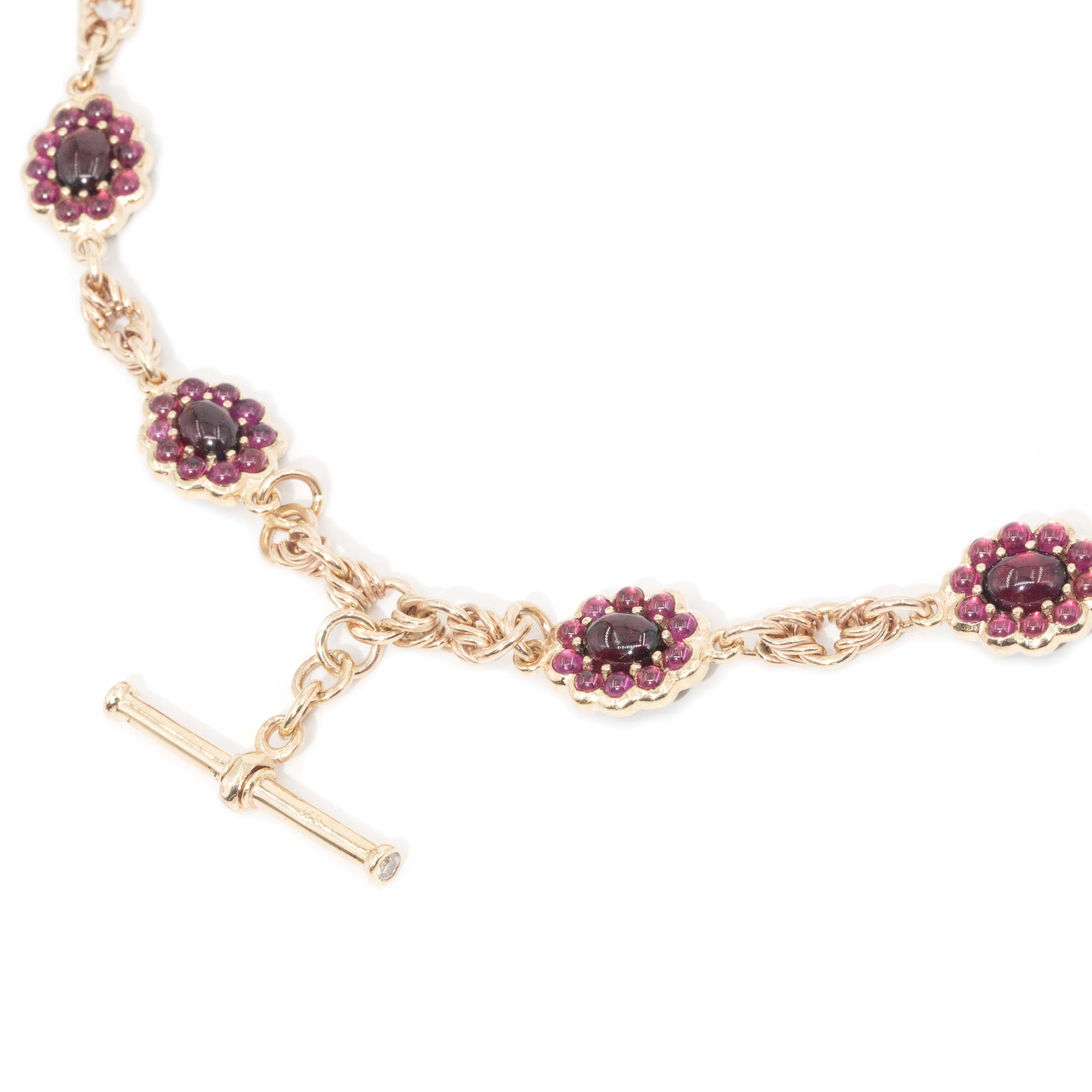 Antique Garnet & Diamond Toggle Bar Necklace 9 Carat Yellow Gold For Sale 5